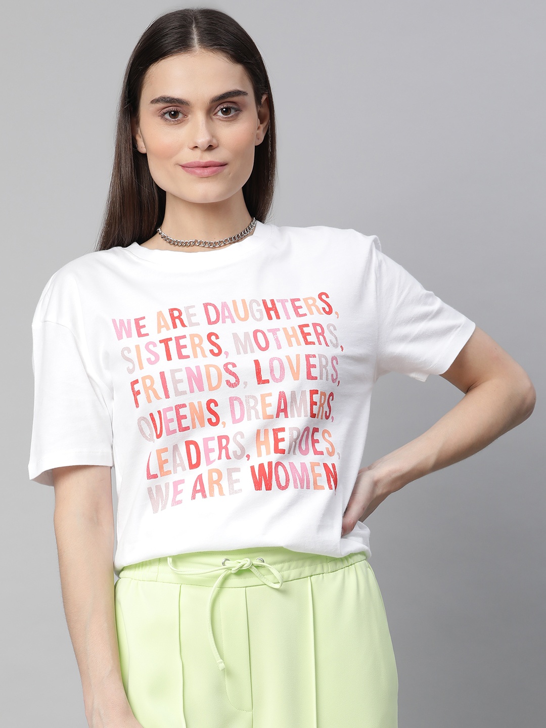 

Marks & Spencer Women White & Pink Typography Printed Pure Cotton T-shirt