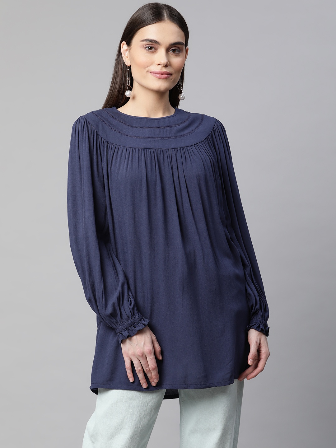 

Marks & Spencer Navy Blue Round Neck Lace Insert Top