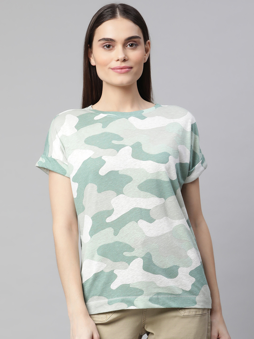 

Marks & Spencer Green & White Print Roll-Up Sleeves Linen Top