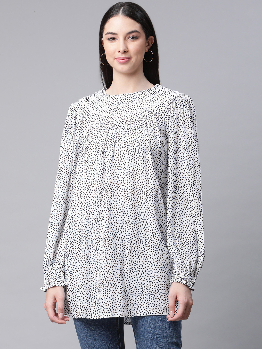 

Marks & Spencer White & Black Polka Dots Print Longline A-Line Top