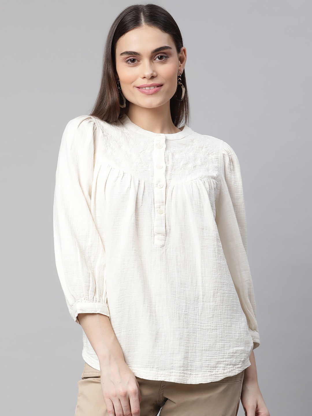

Marks & Spencer Off White Pure Cotton Yoke Embroidered Top