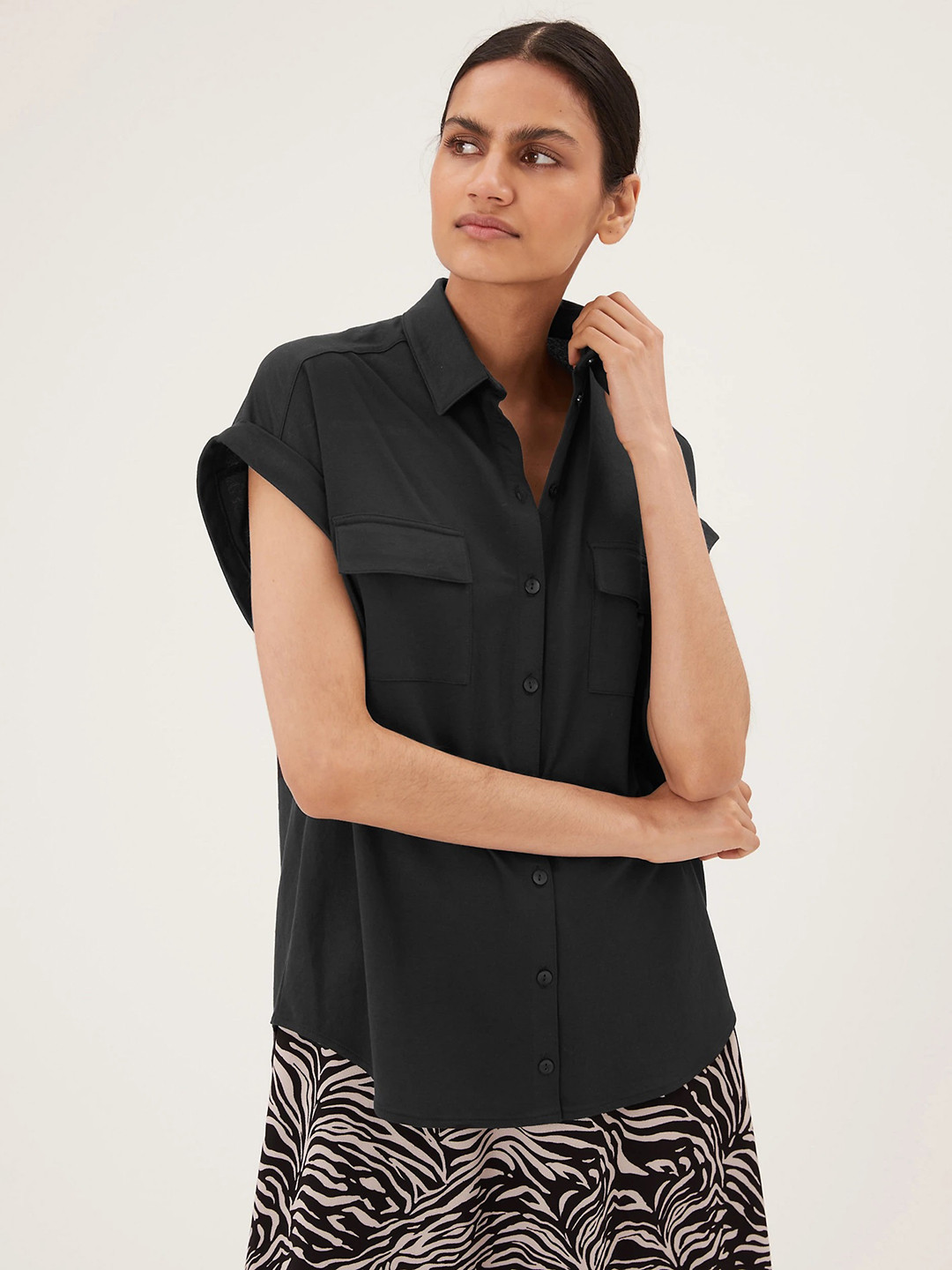 

Marks & Spencer Women Black Solid Cap Sleeves Casual Shirt