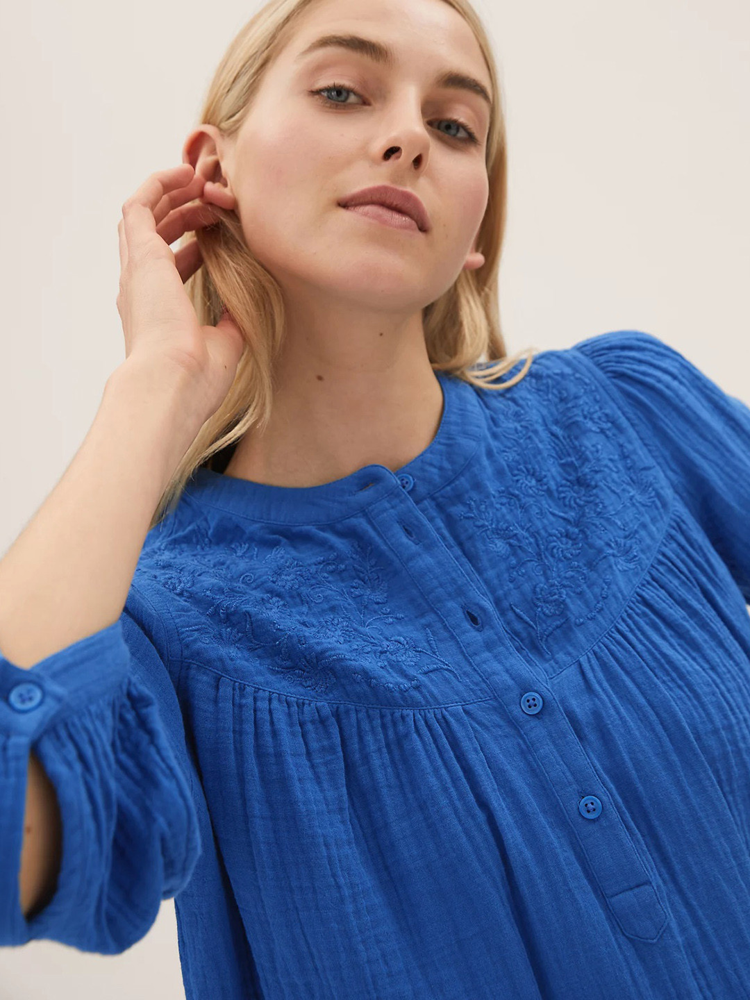 

Marks & Spencer Blue Embroidered Mandarin Collar Pure Cotton Top