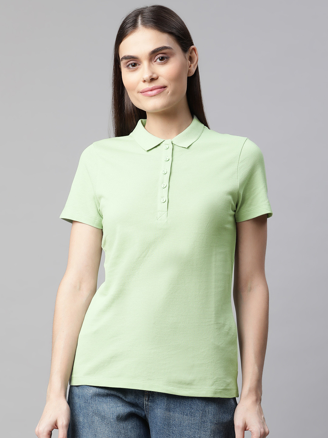 

Marks & Spencer Women Sage Green Polo Collar Pure Cotton T-shirt