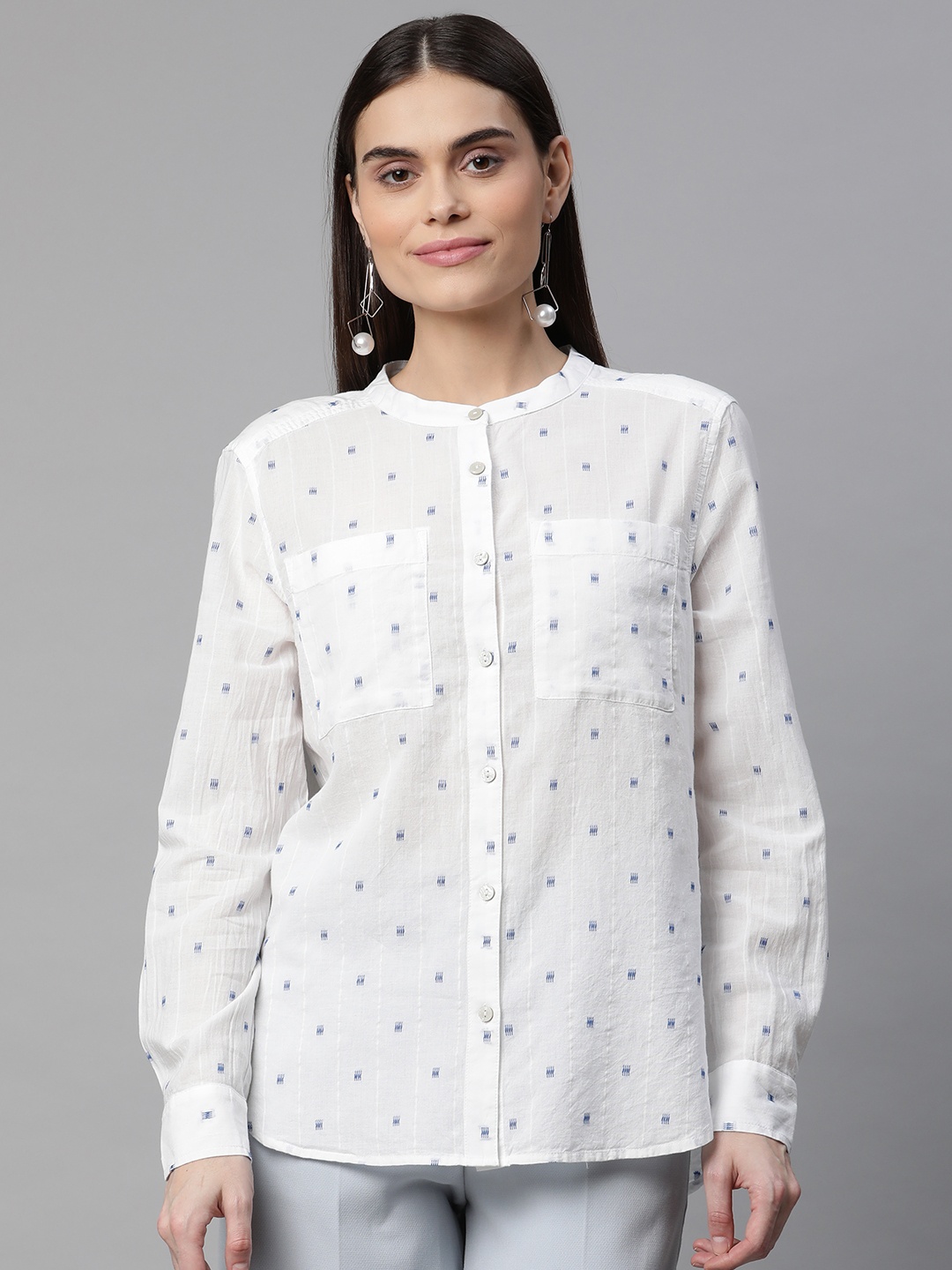 

Marks & Spencer Women Off White & Blue Pure Cotton Self-Design Casual Shirt