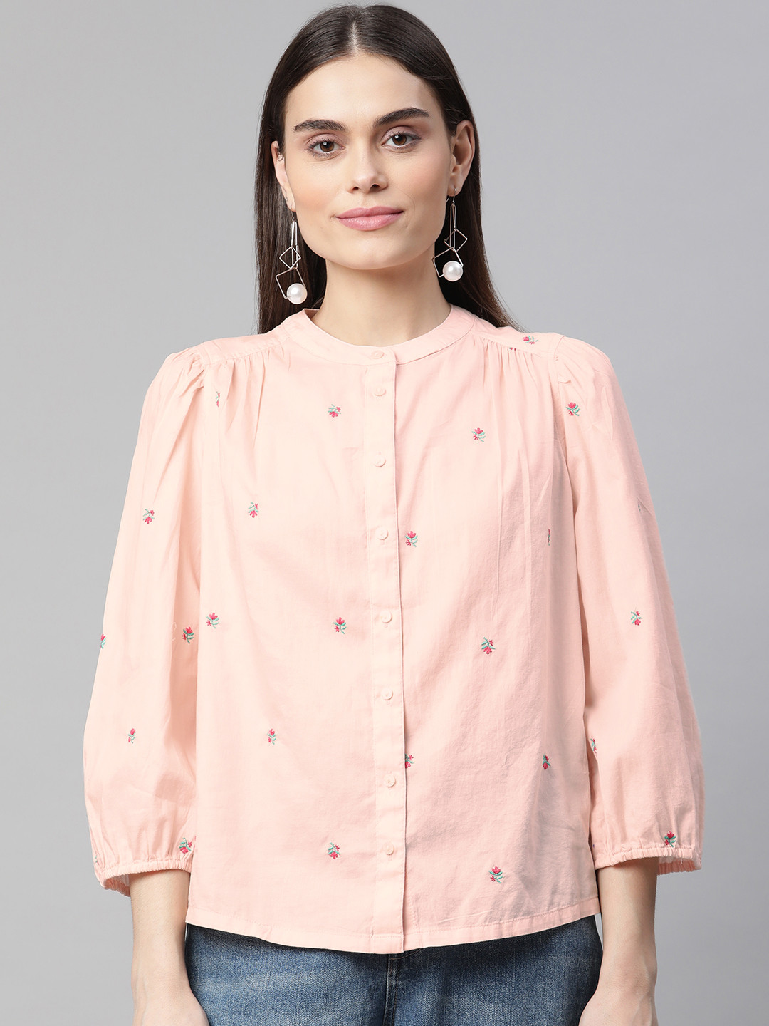 

Marks & Spencer Women Pink Pure Cotton Embroidered Casual Shirt