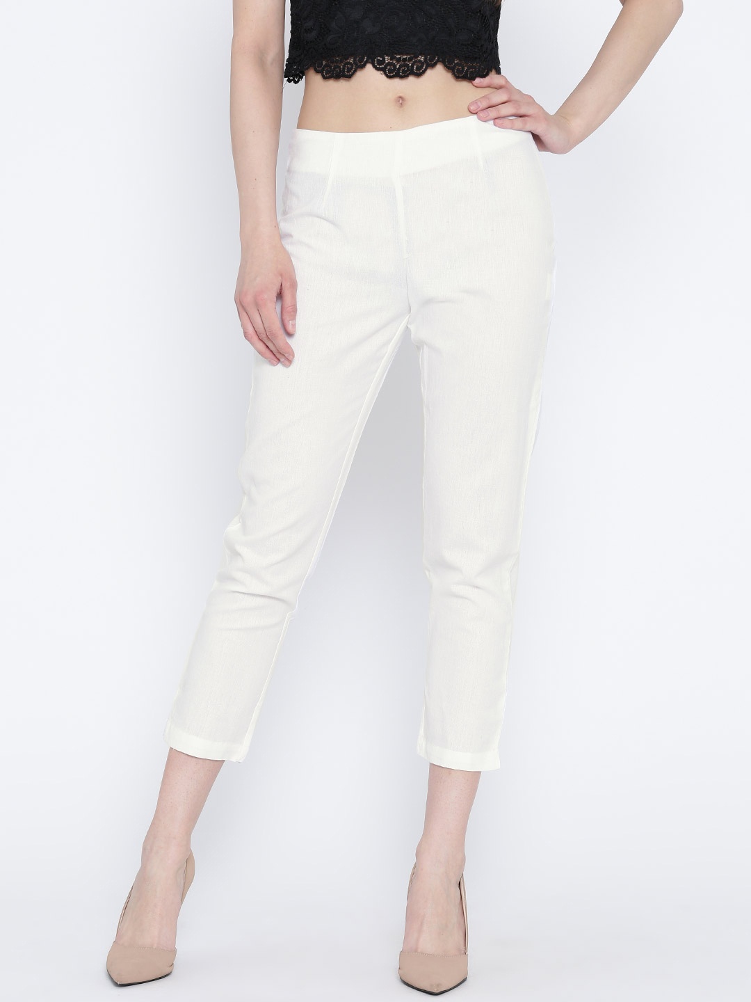

Rangriti Women White Cropped Cigarette Trousers