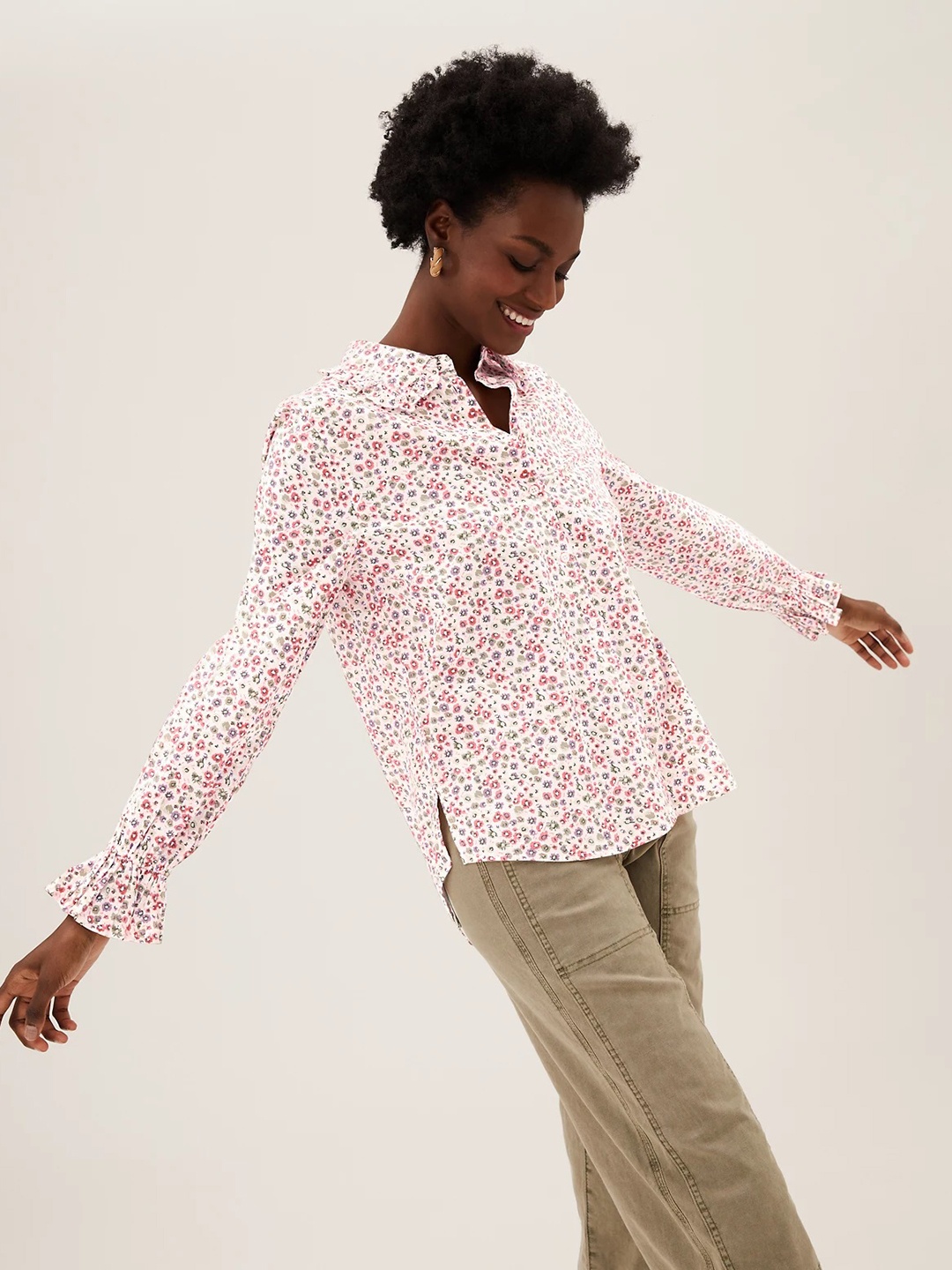 

Marks & Spencer Women Peach-Coloured and Coral Red Floral Printed Casual Pure Cotton Shirt