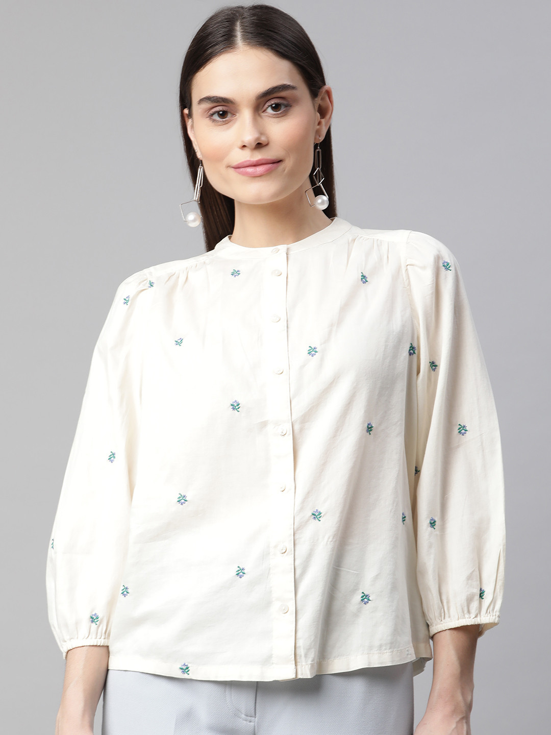 

Marks & Spencer Women Off White & Blue Pure Cotton Embroidered Casual Shirt