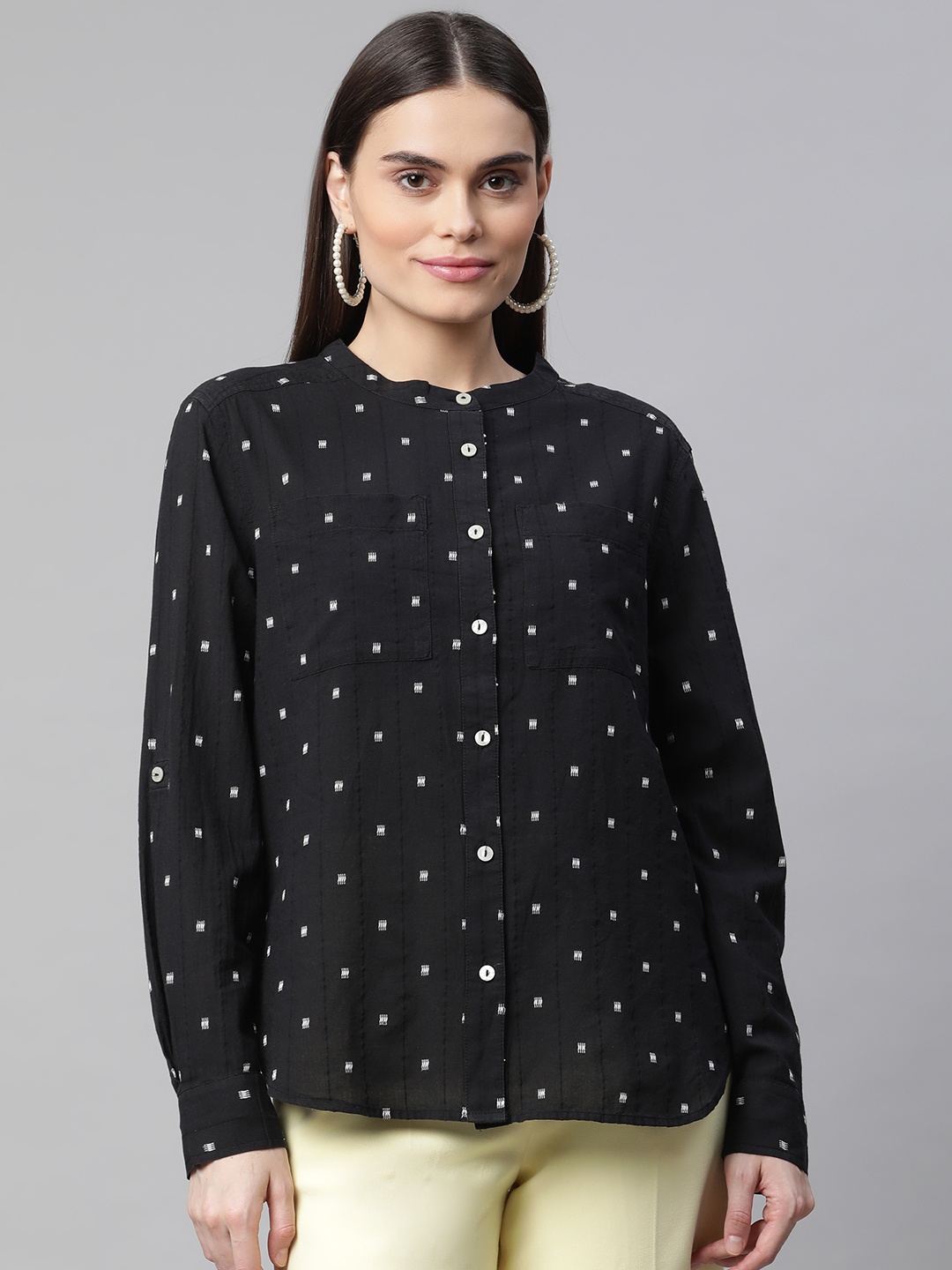

Marks & Spencer Women Black & White Pure Cotton Self-Design Casual Shirt