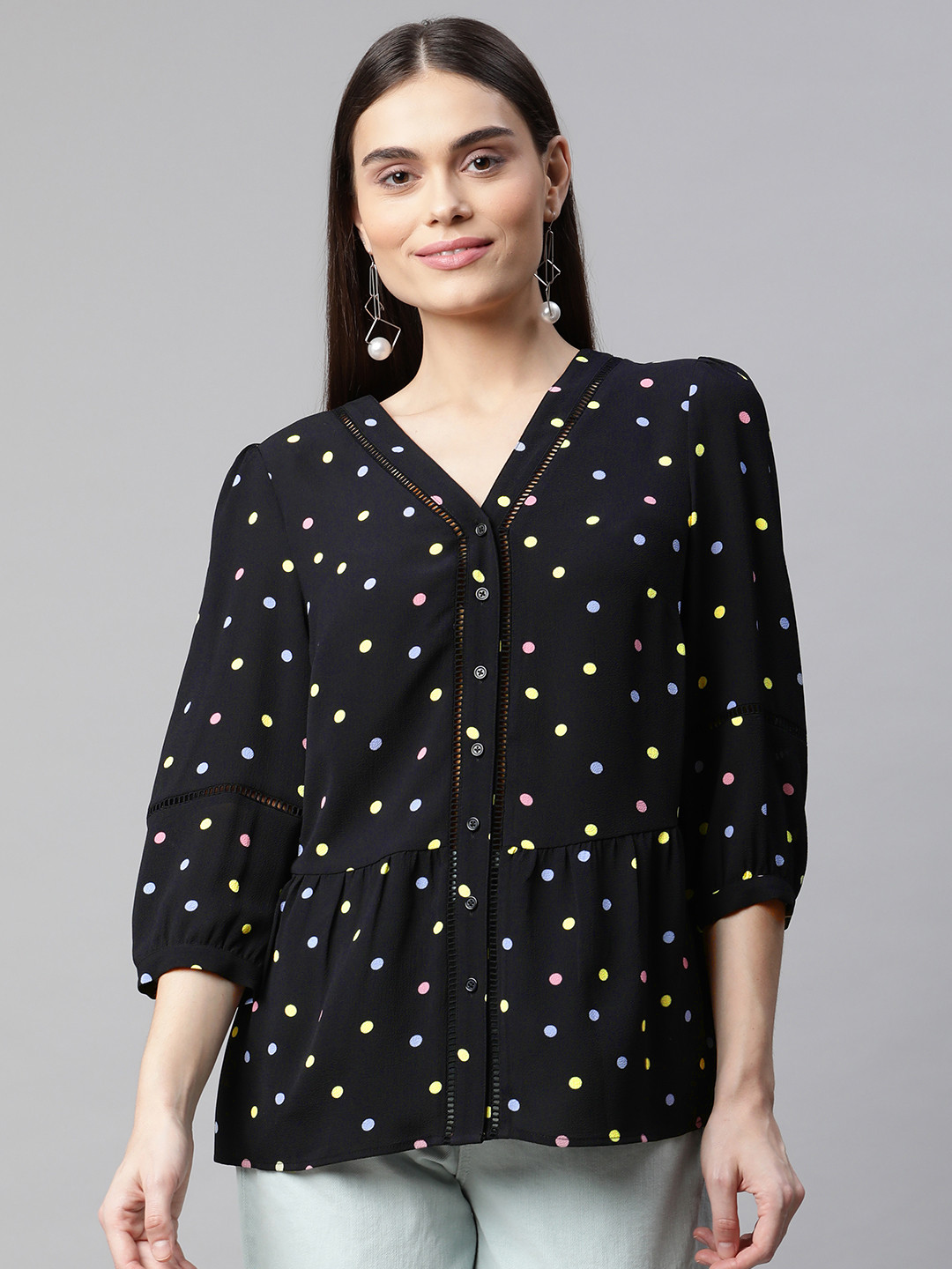 

Marks & Spencer Women Black & Blue Polka Dots Print Top
