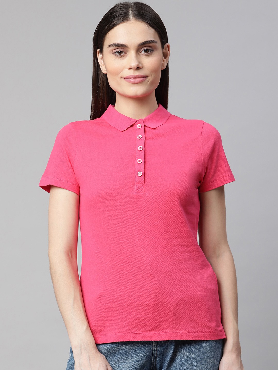 

Marks & Spencer Women Pink Polo Collar Pure Cotton T-shirt