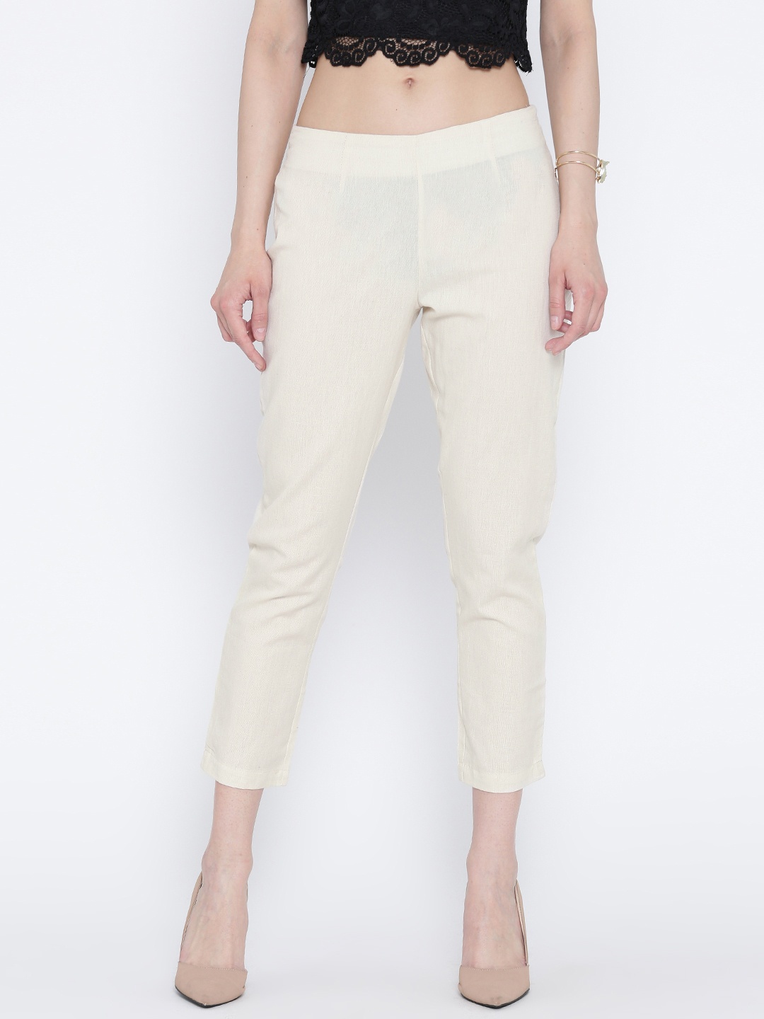 

Rangriti Women Beige Cropped Cigarette Trousers