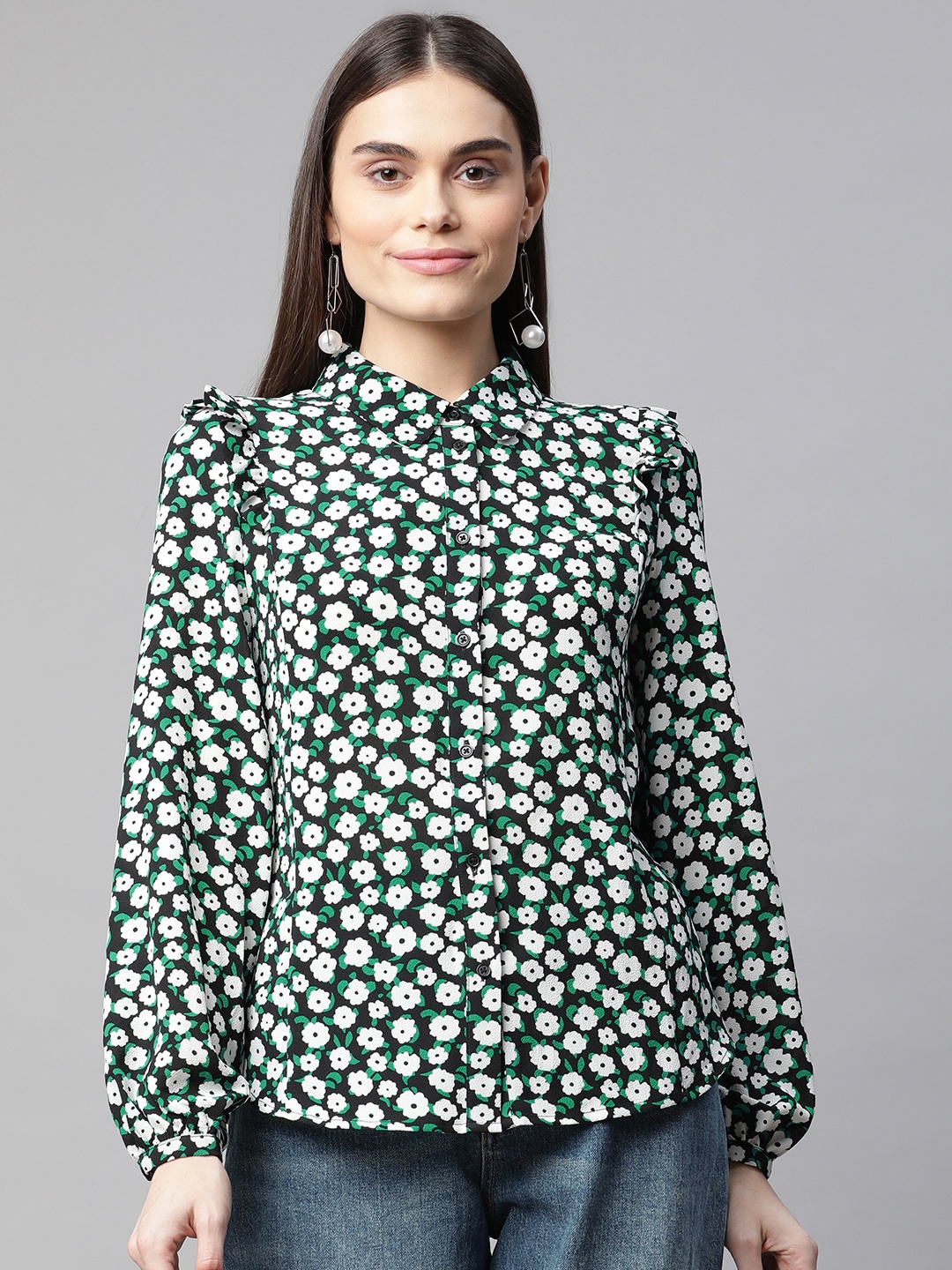 

Marks & Spencer Women White & Black Floral Print Frilled Casual Shirt
