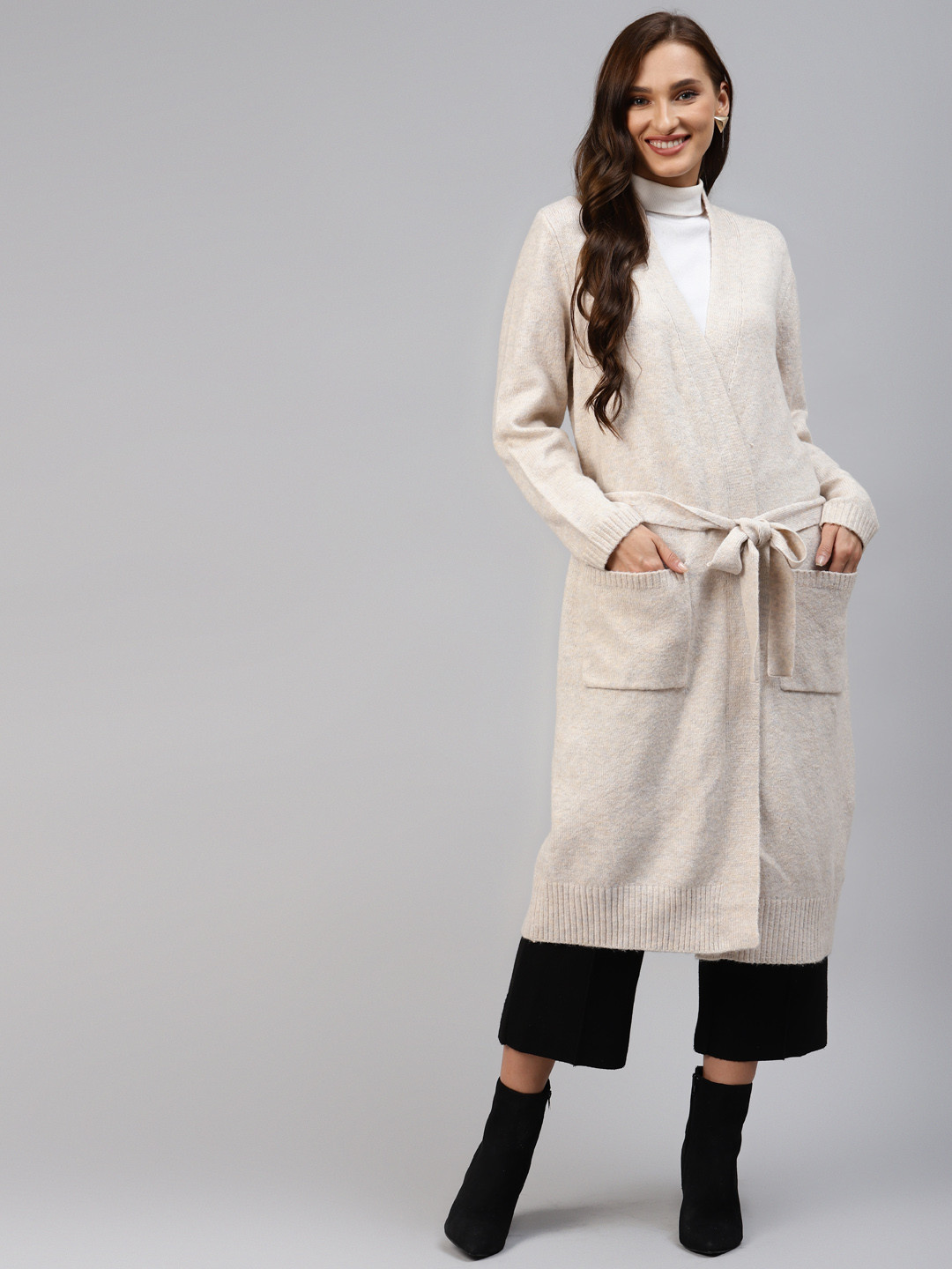 

Marks & Spencer Women Beige Solid Longline Front-Open Sweater with Belt