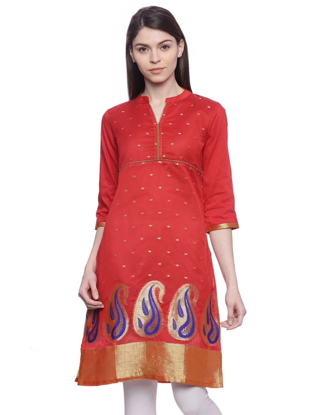 

Mytri Women Red Woven Design Straight Kurta