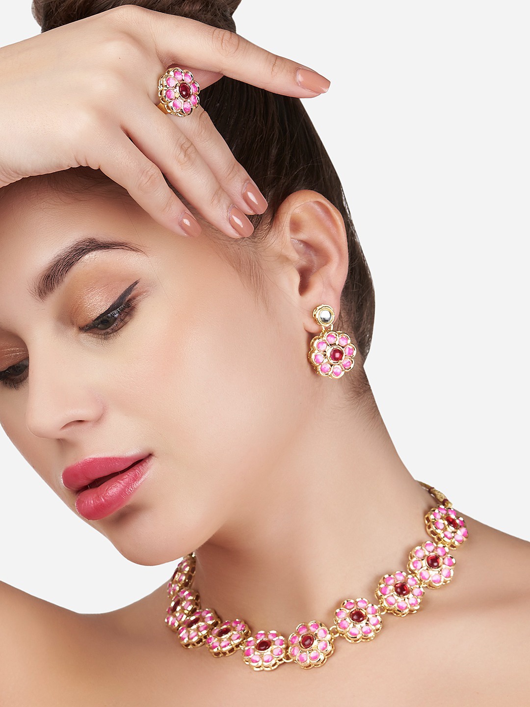 

Zaveri Pearls Pink Meenakri Floral & Kundan-Studded Jewellery Set, Gold