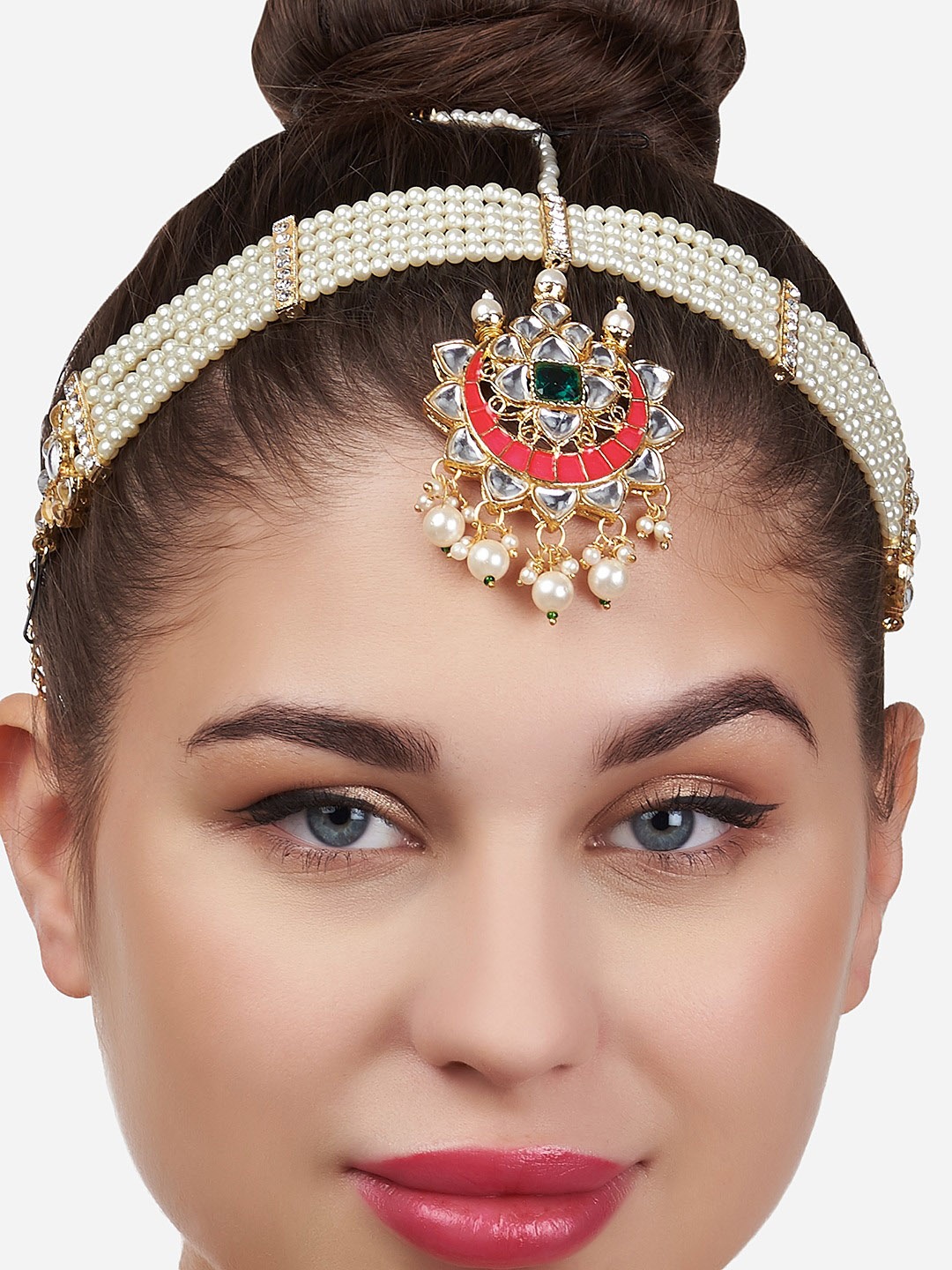 

Zaveri Pearls Pink Meenakari Crescent Bridal Kundan Multistrand Pearls MathaPatti