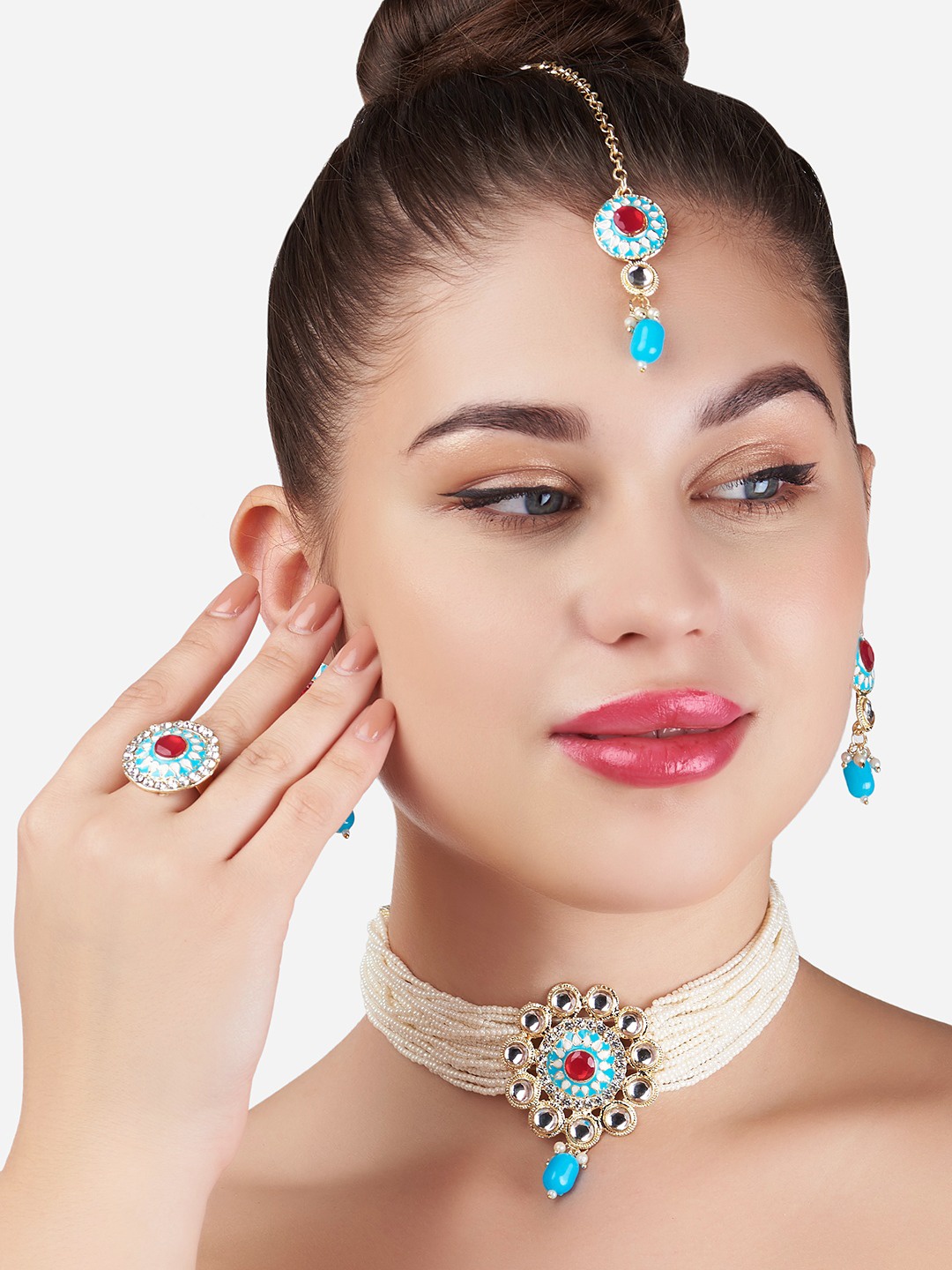 

Zaveri Pearls Women Turquoise Blue & Gold-Plated Jewellery Set