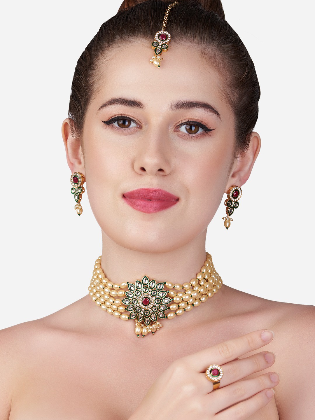 

Zaveri Pearls Red & Green Gold-Plated Kundan-Studded & Beaded Meenakari Jewellery Set