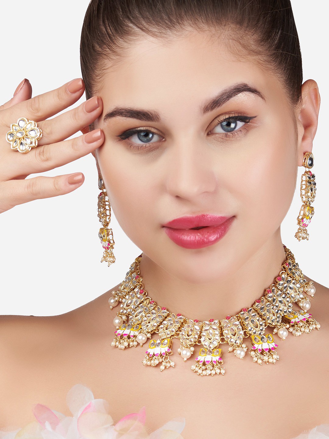 

Zaveri Pearls Gold-Plated White & Pink Kundan-Studded & Beaded Meenakari Jewellery Set