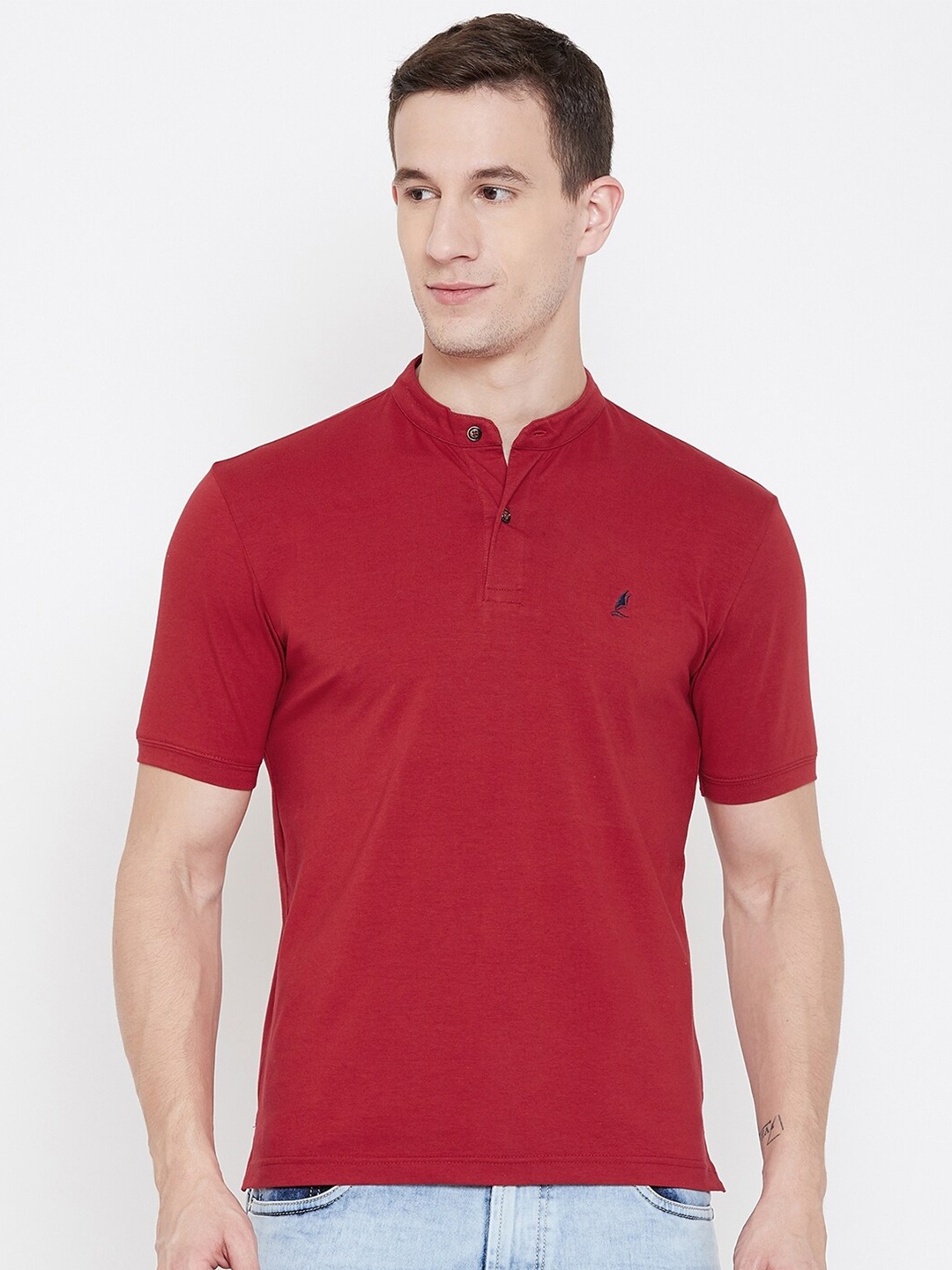 

HARBOR N BAY Men Red Solid Cotton Mandarin Collar T-shirt