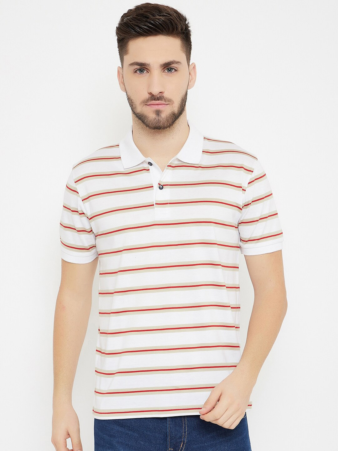 

HARBOR N BAY Men Off White Striped Polo Collar T-shirt