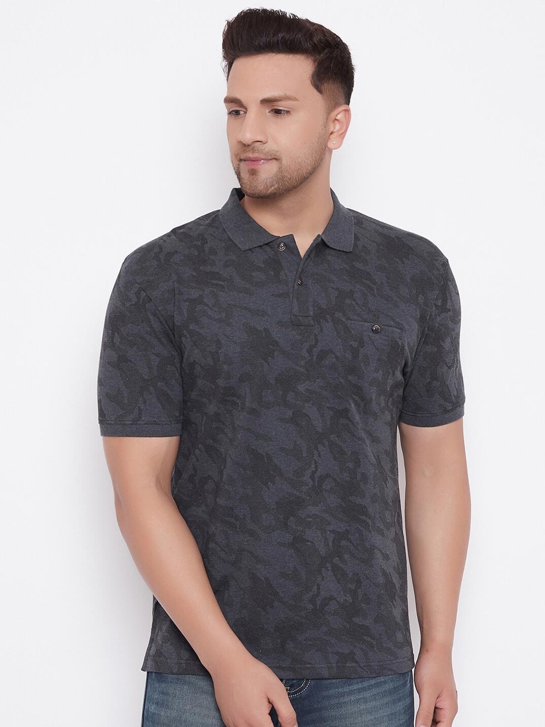 

HARBOR N BAY Men Charcoal Printed Polo Collar T-shirt