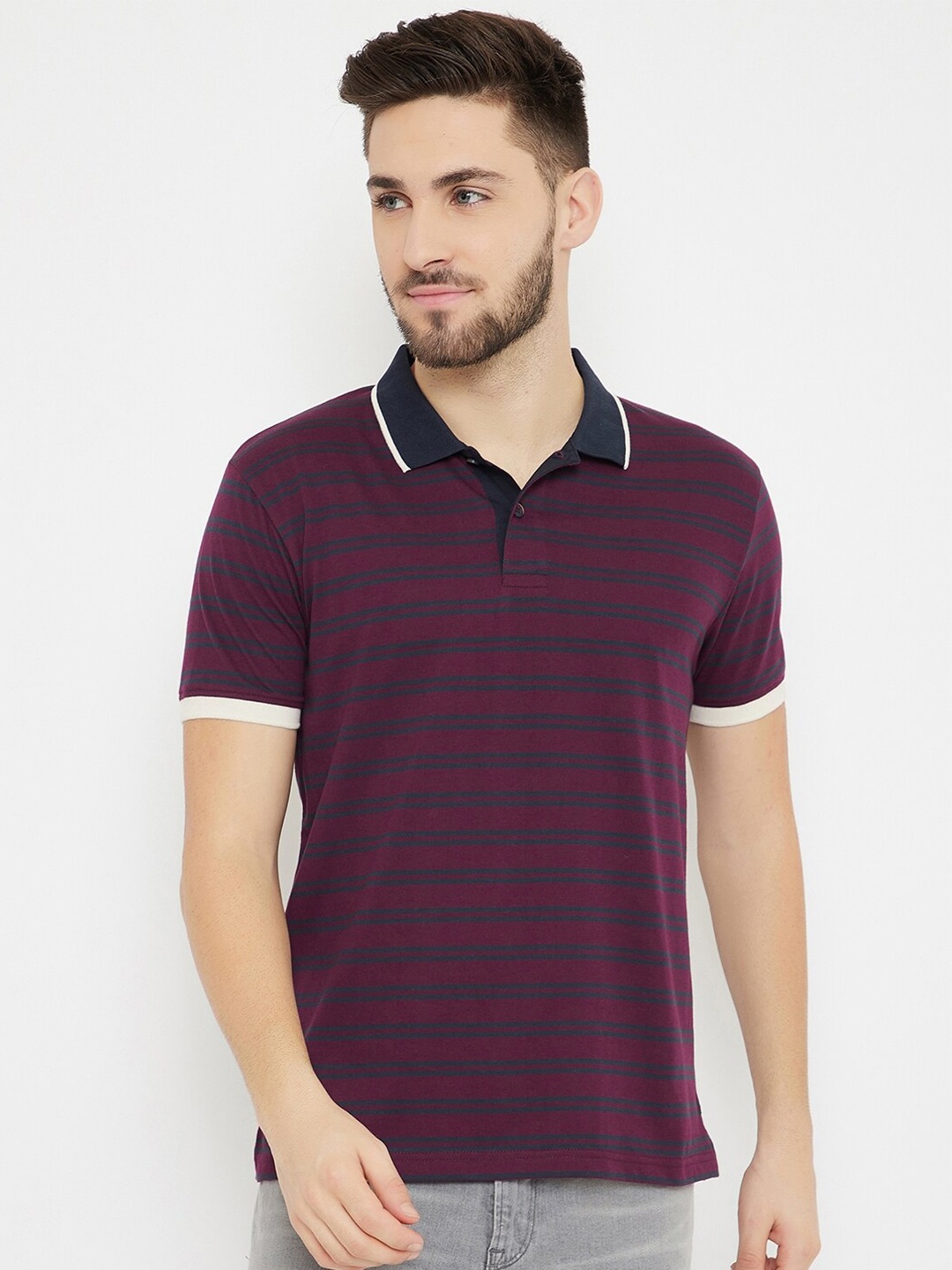 

HARBOR N BAY Men Maroon Striped Polo Collar T-shirt