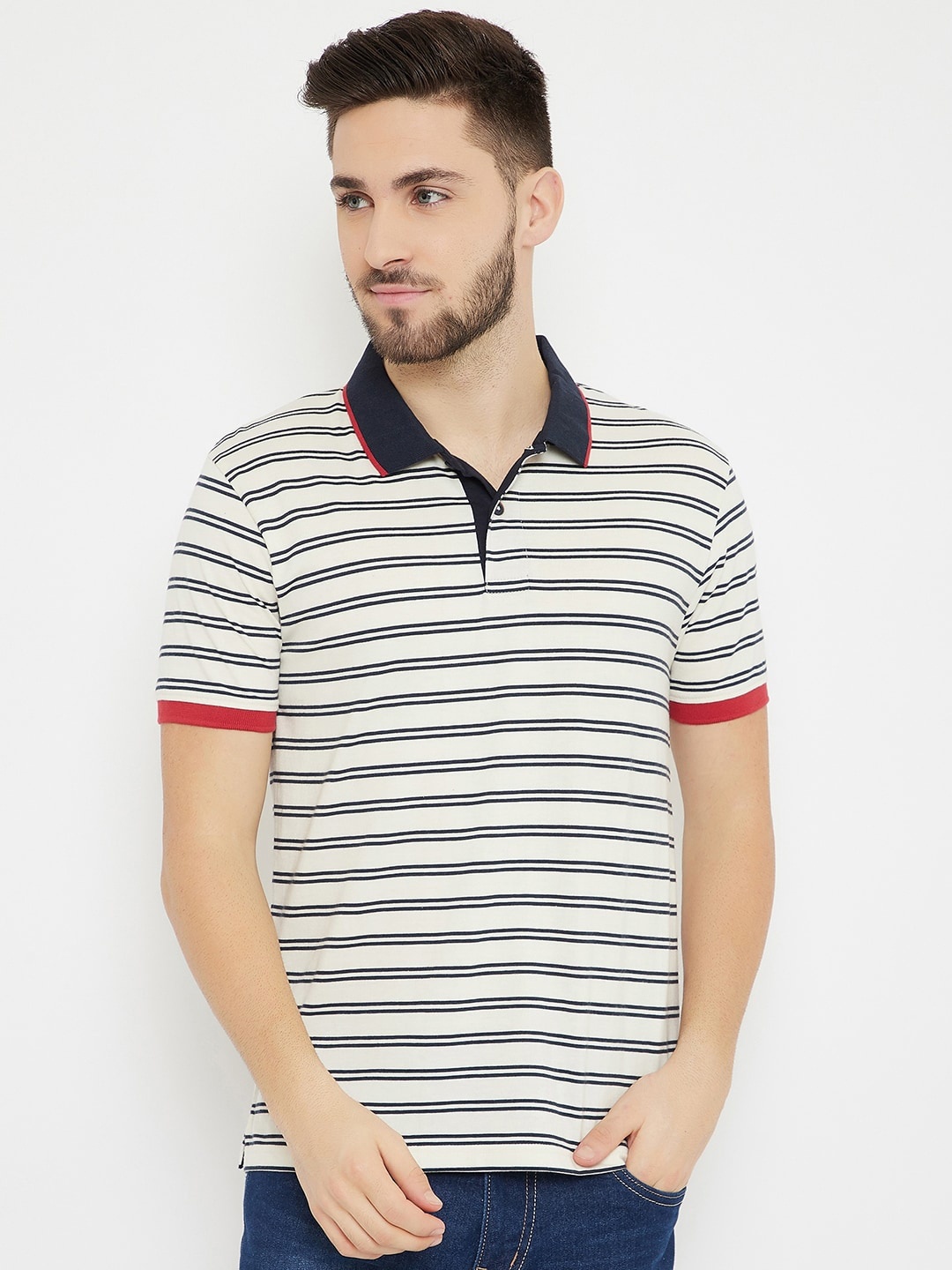 

HARBOR N BAY Men Off White Striped Polo Collar T-shirt