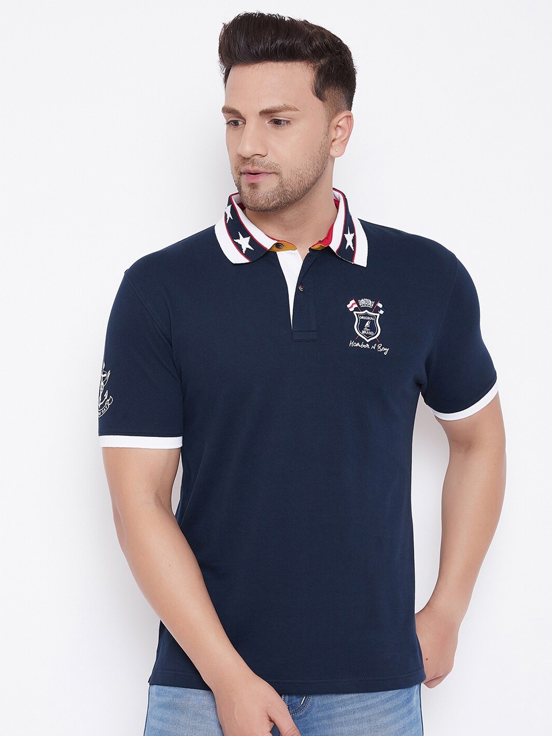 

HARBOR N BAY Men Navy Blue Polo Collar T-shirt