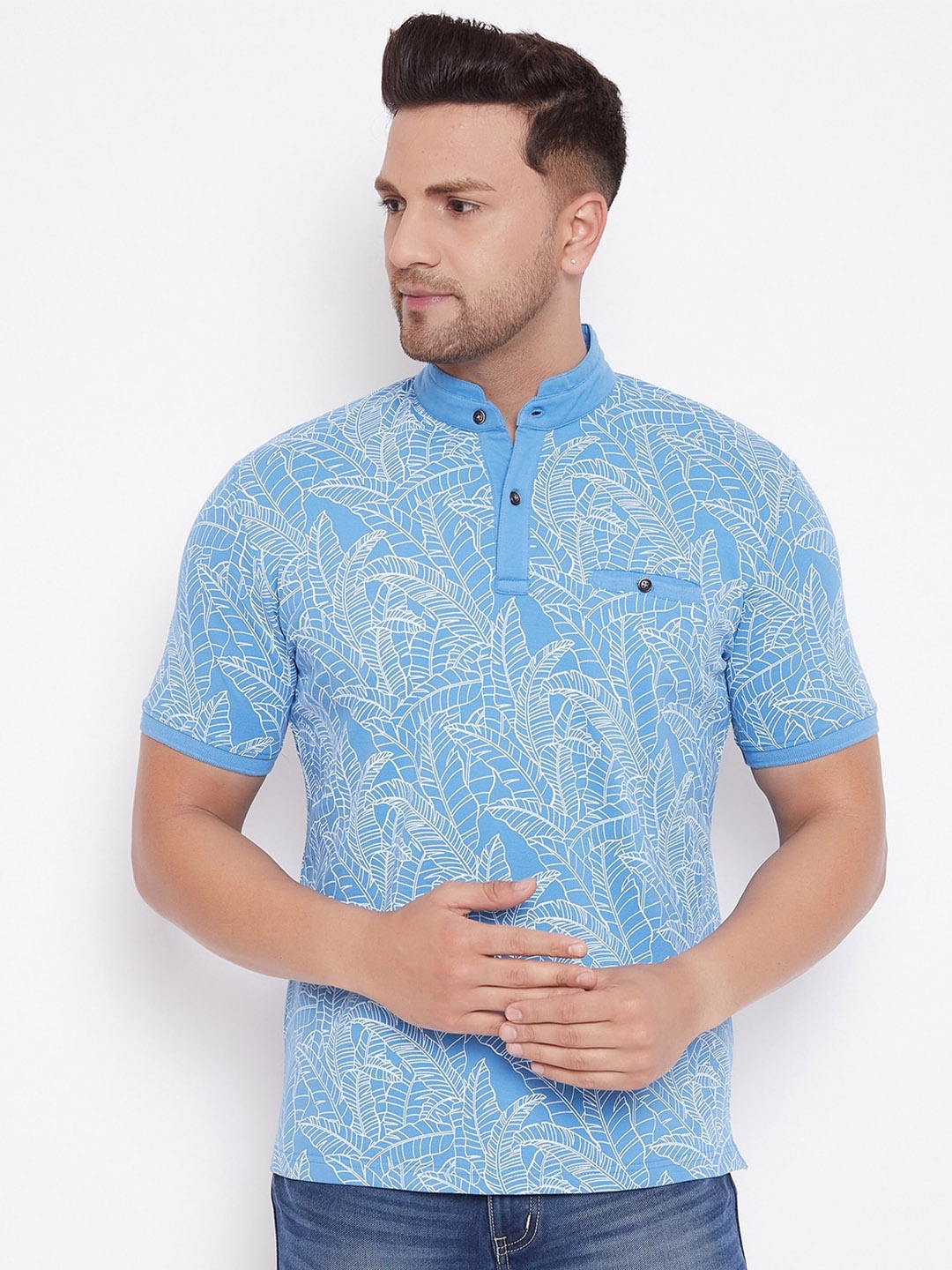 

HARBOR N BAY Men Turquoise Blue Floral Printed Mandarin Collar T-shirt