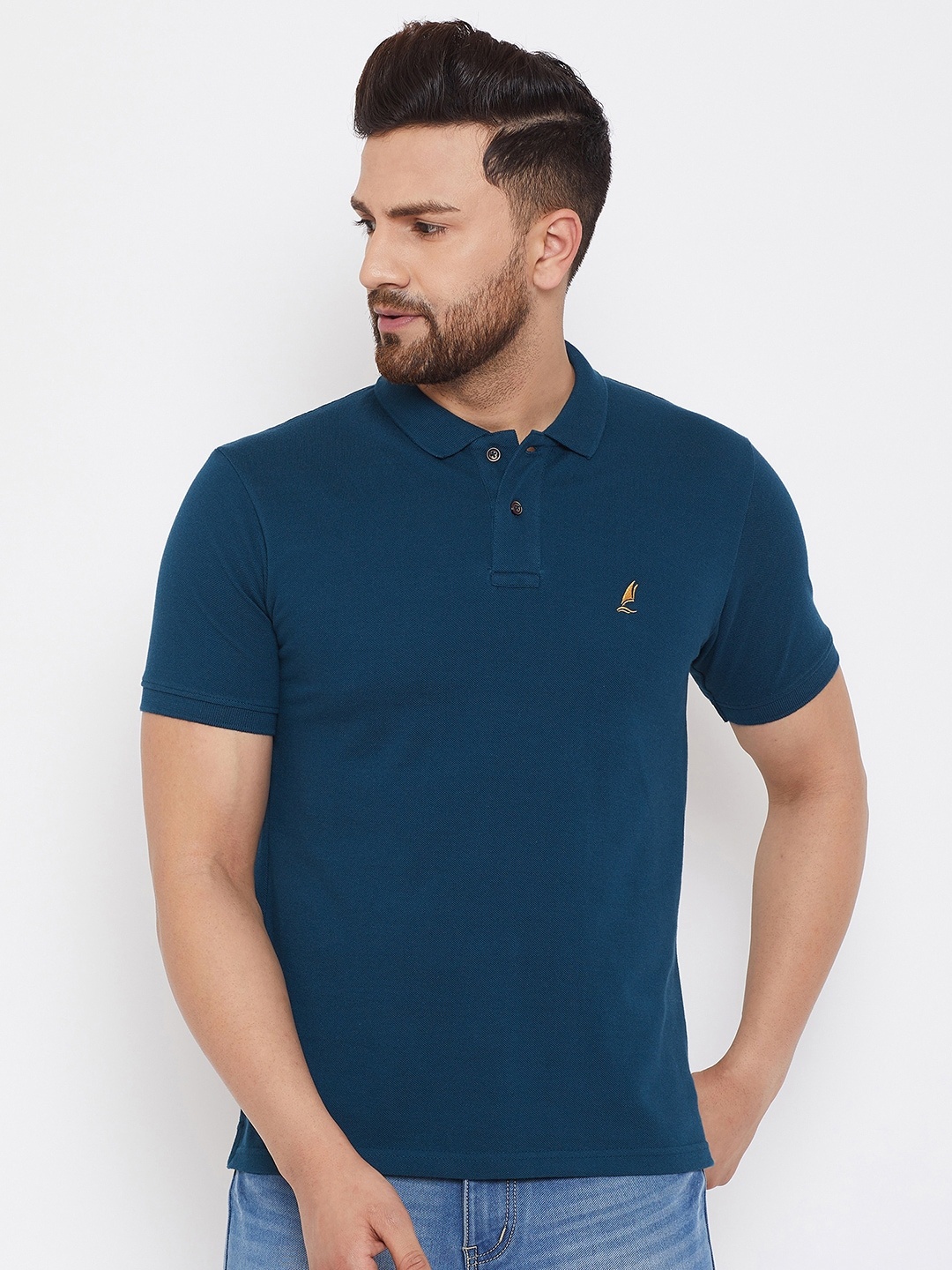 

HARBOR N BAY Men Teal Polo Collar Applique T-shirt