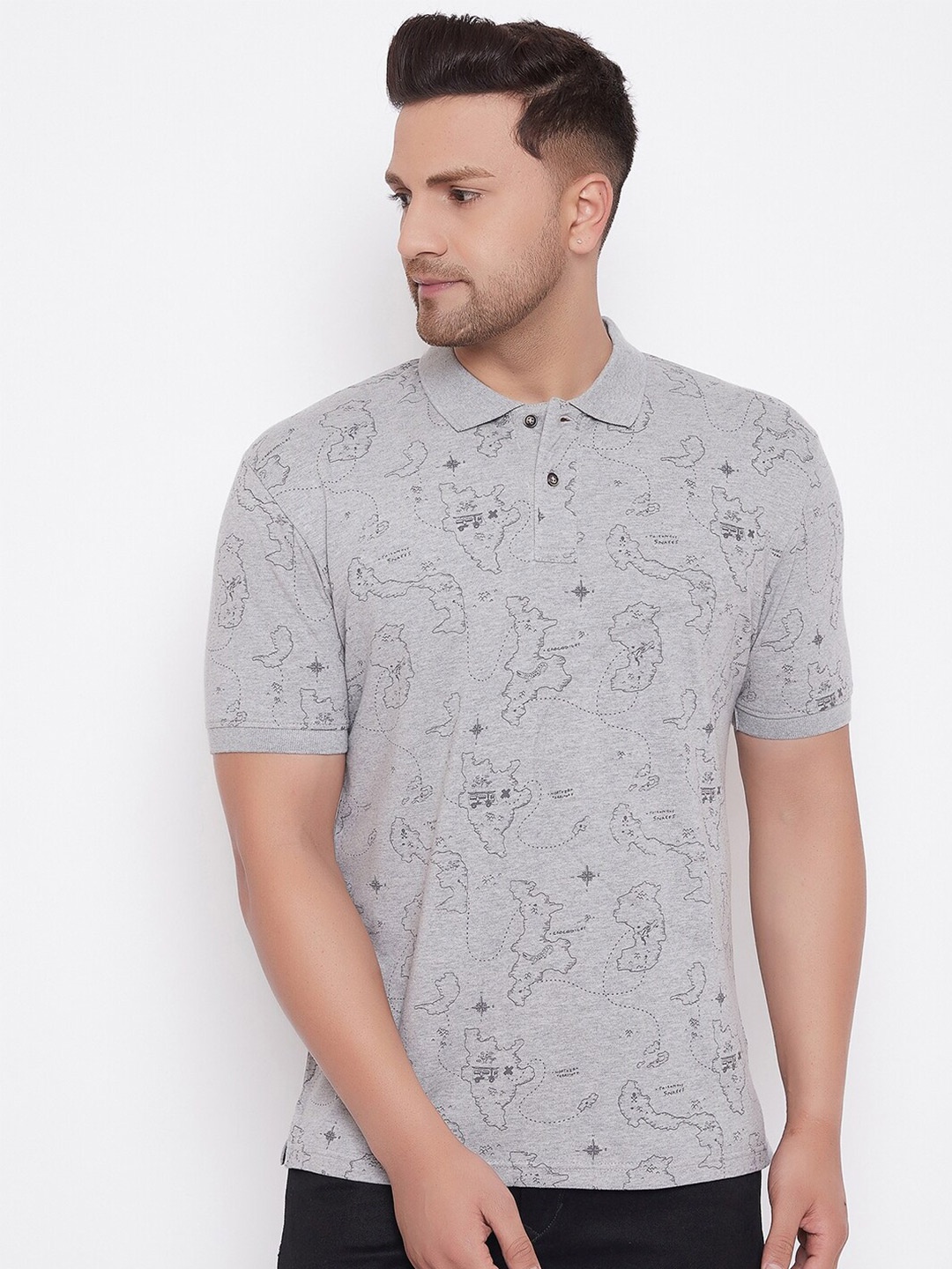 

HARBOR N BAY Men Grey Typography Printed Polo Collar T-shirt