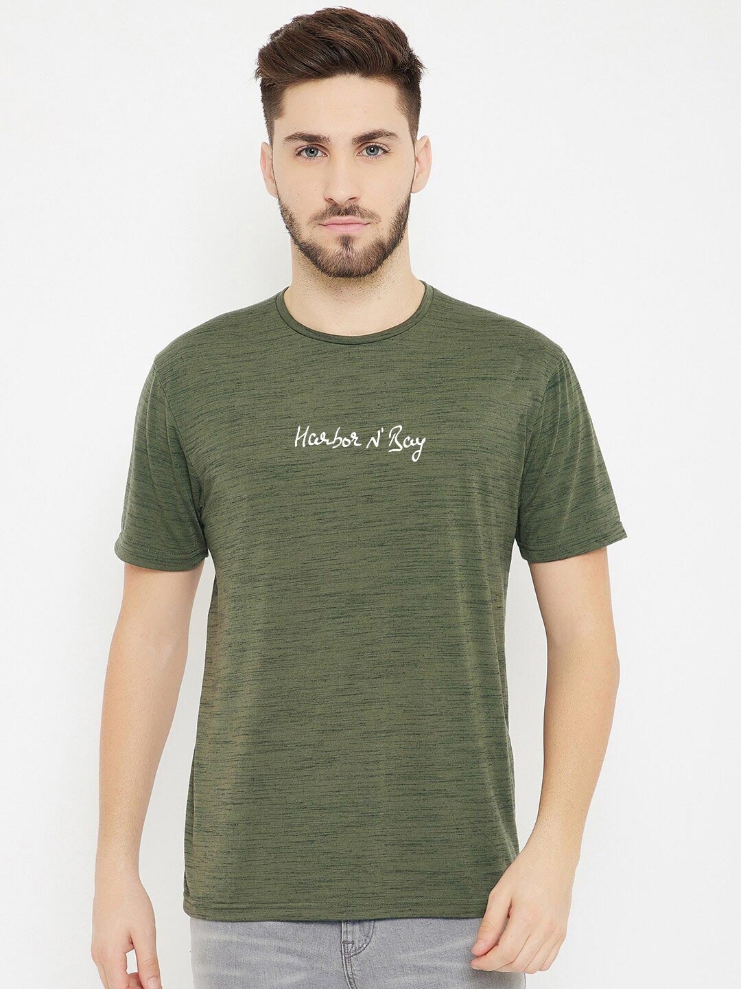 

HARBOR N BAY Men Olive Green Typography T-shirt