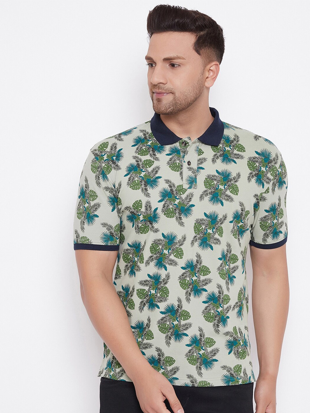 

HARBOR N BAY Men Olive Green Floral Printed Polo Collar T-shirt