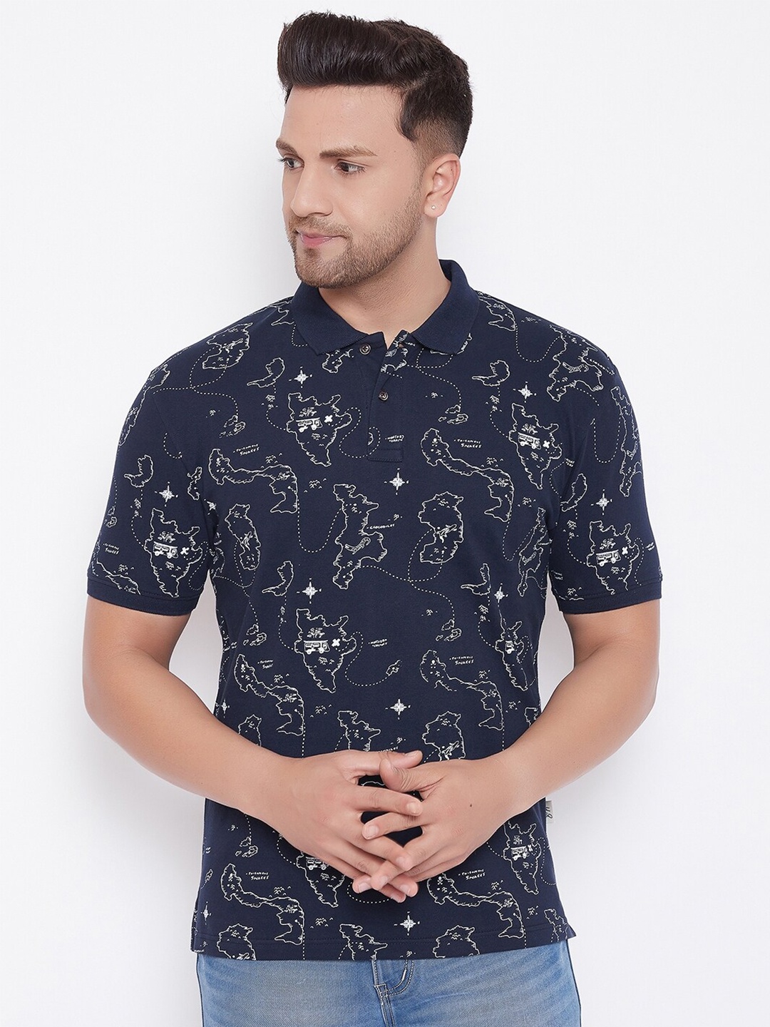 

HARBOR N BAY Men Navy Blue Printed Polo Collar T-shirt