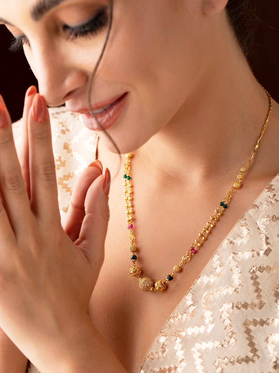 

Rubans 18K Gold-Plated Cubic Zirconia Stone Gold, Green & Pink Beaded Matar Mala Necklace