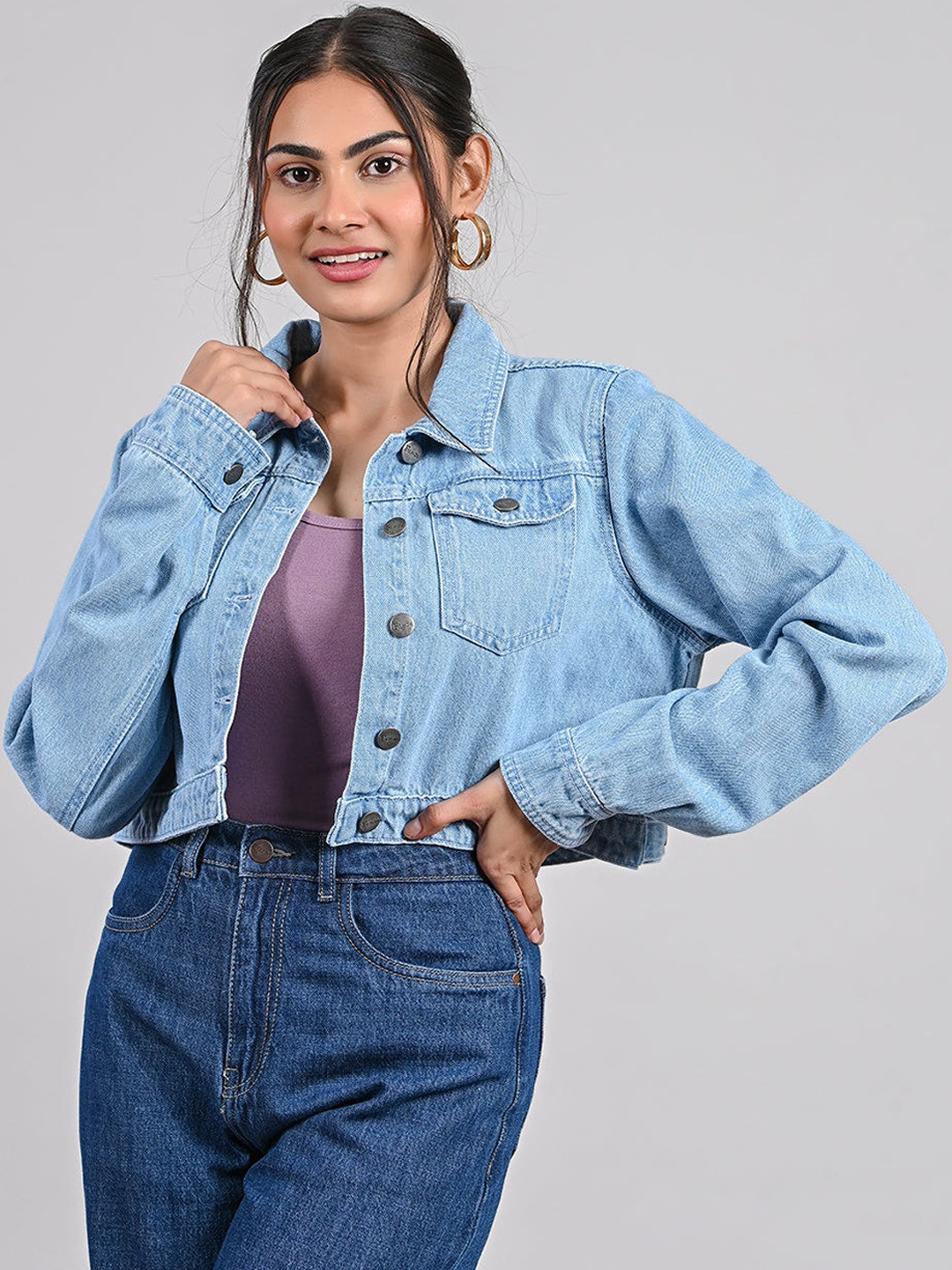 

FREAKINS Women Blue Washed Crop Denim Jacket