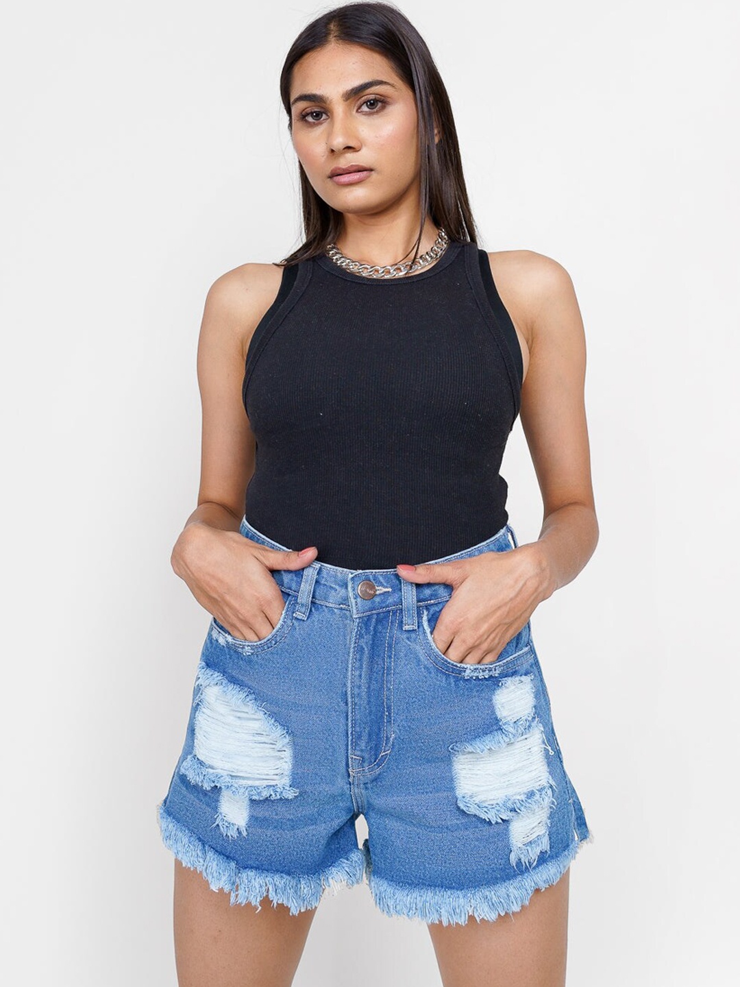 

FREAKINS Women Blue Washed High-Rise Denim Shorts