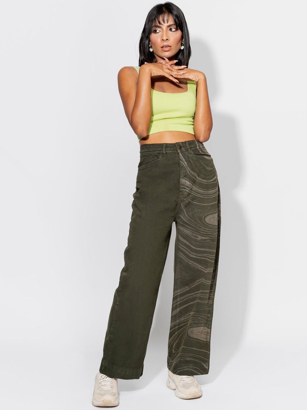 

FREAKINS Women Green Straight Fit High-Rise Low Distress Jeans