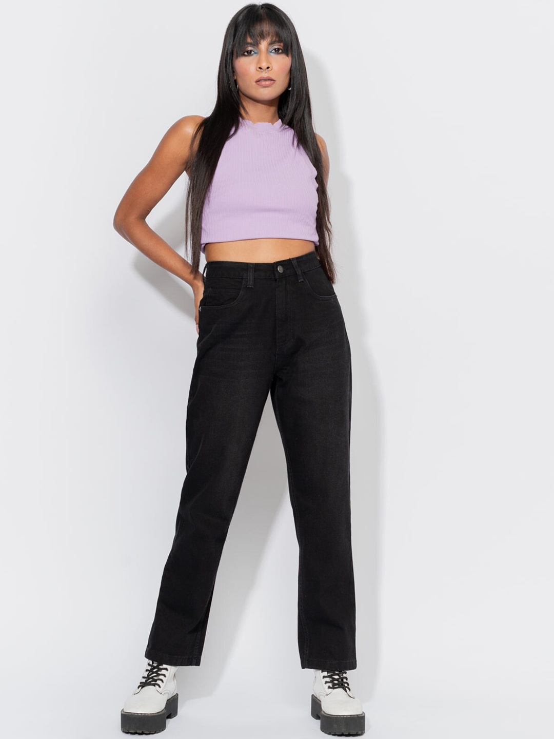 

FREAKINS Women Black High-Rise Mom Fit Cropped Jeans