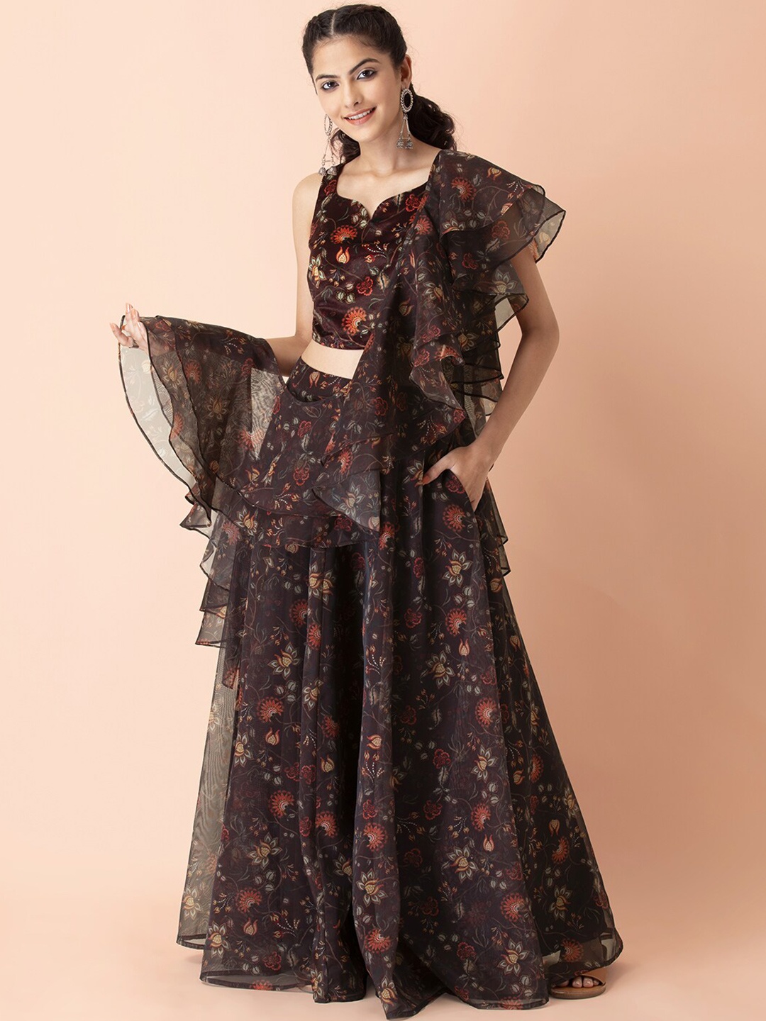 

INDYA Brown & Red Printed Floral Frilled Organza Dupatta