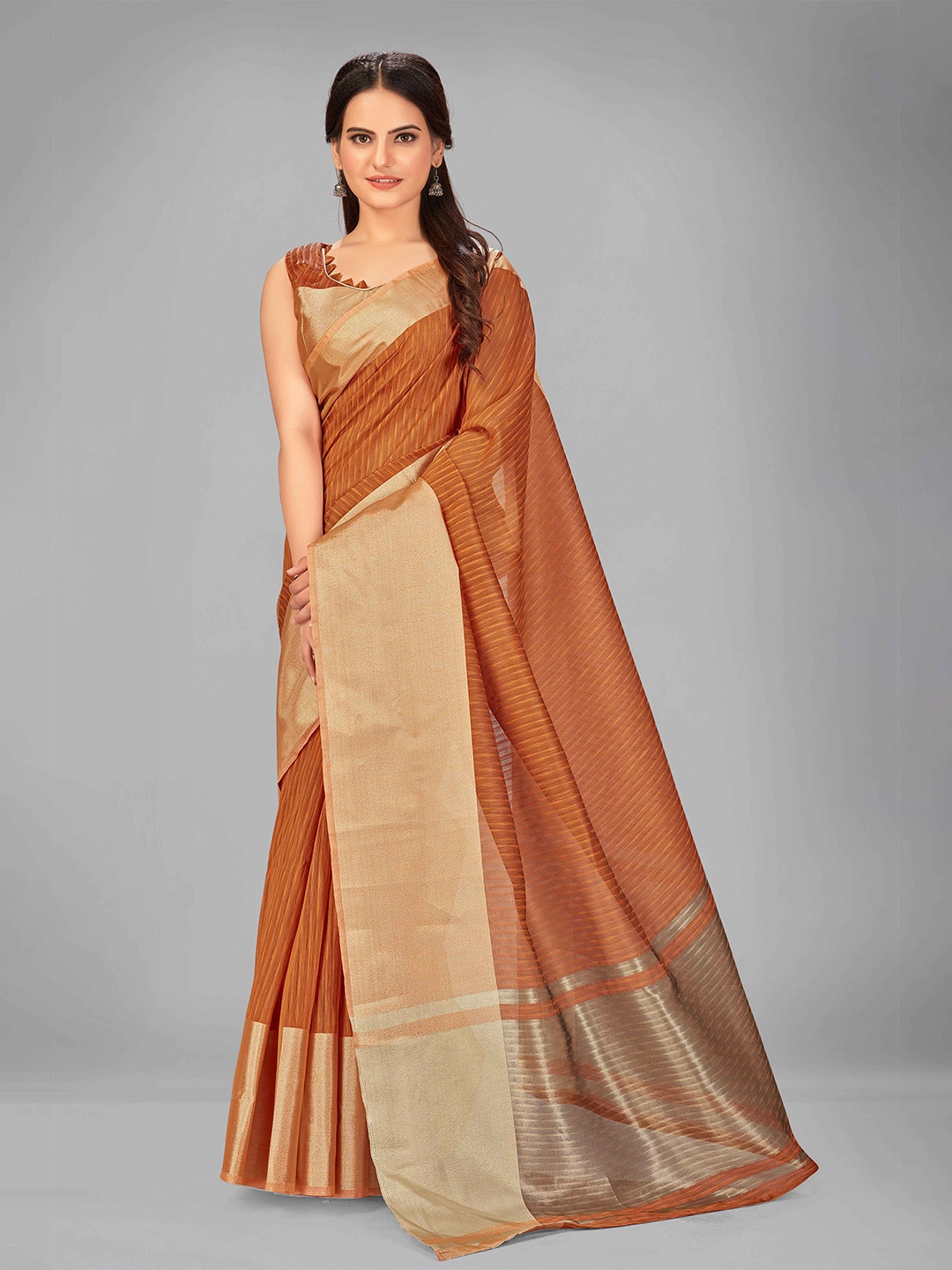 

MANOHARI Brown & Gold-Toned Striped Zari Silk Blend Heavy Work Saree