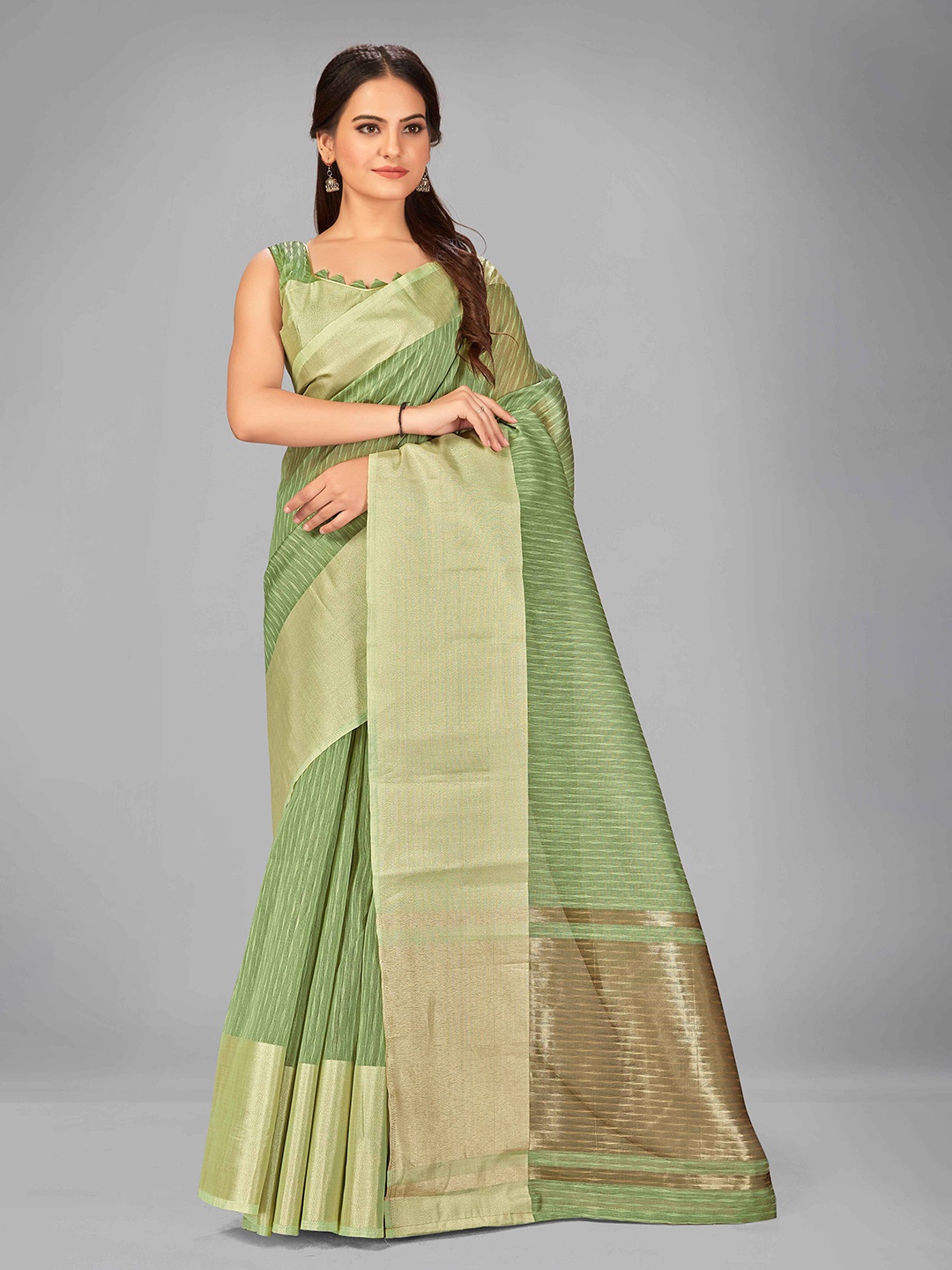 

MANOHARI Green & Cream-Coloured Striped Zari Silk Blend Saree