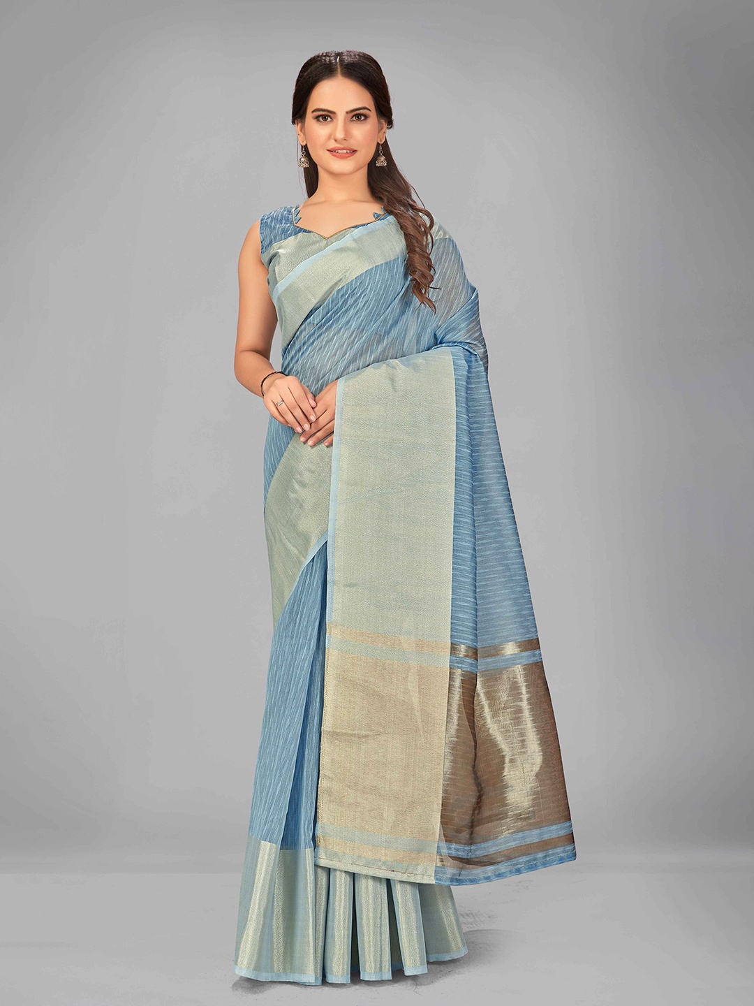 

MANOHARI Blue & Gold-Toned Striped Zari Silk Blend Saree
