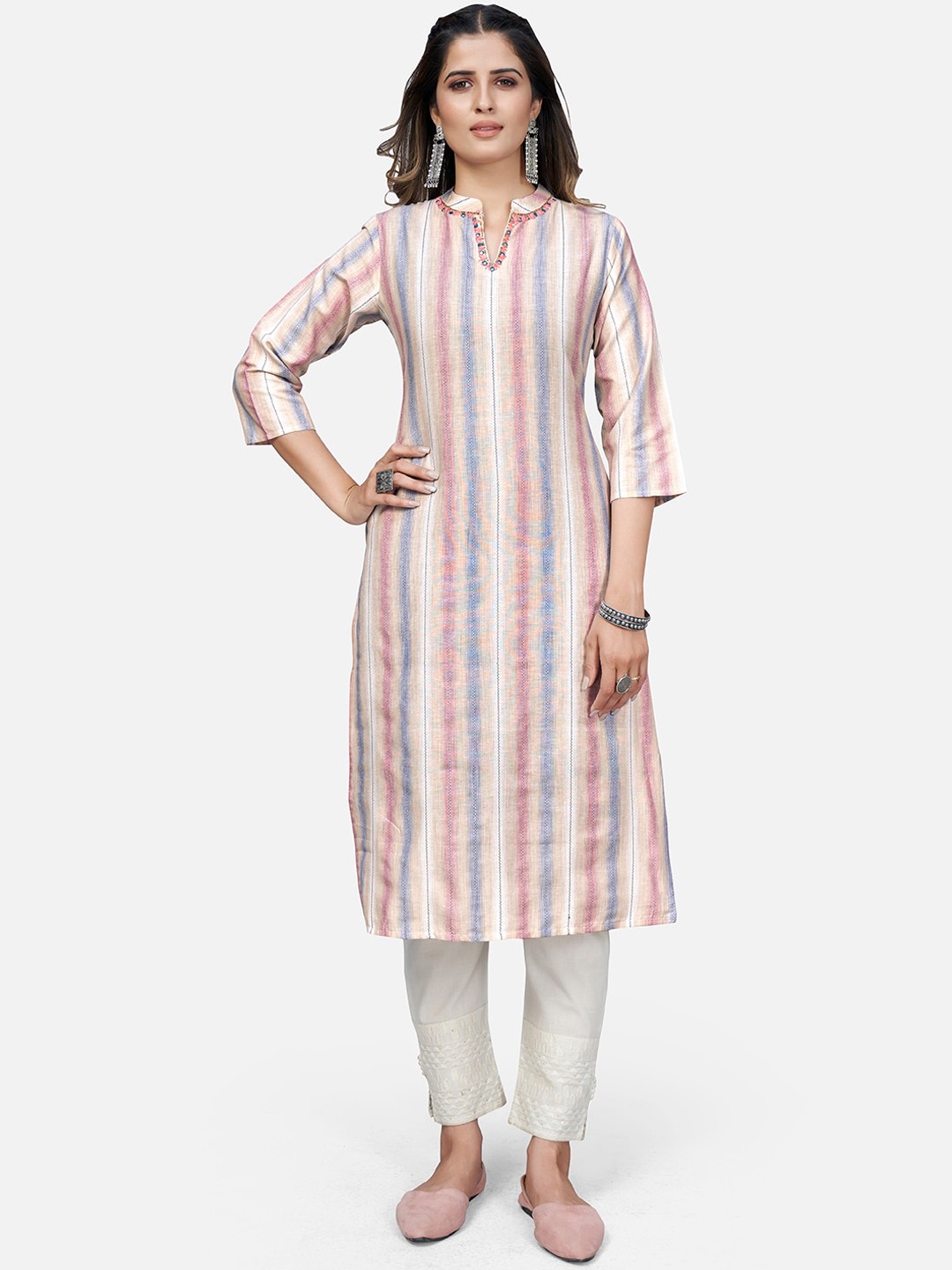 

Vbuyz Women Pink & Blue Striped Thread Work Kurta