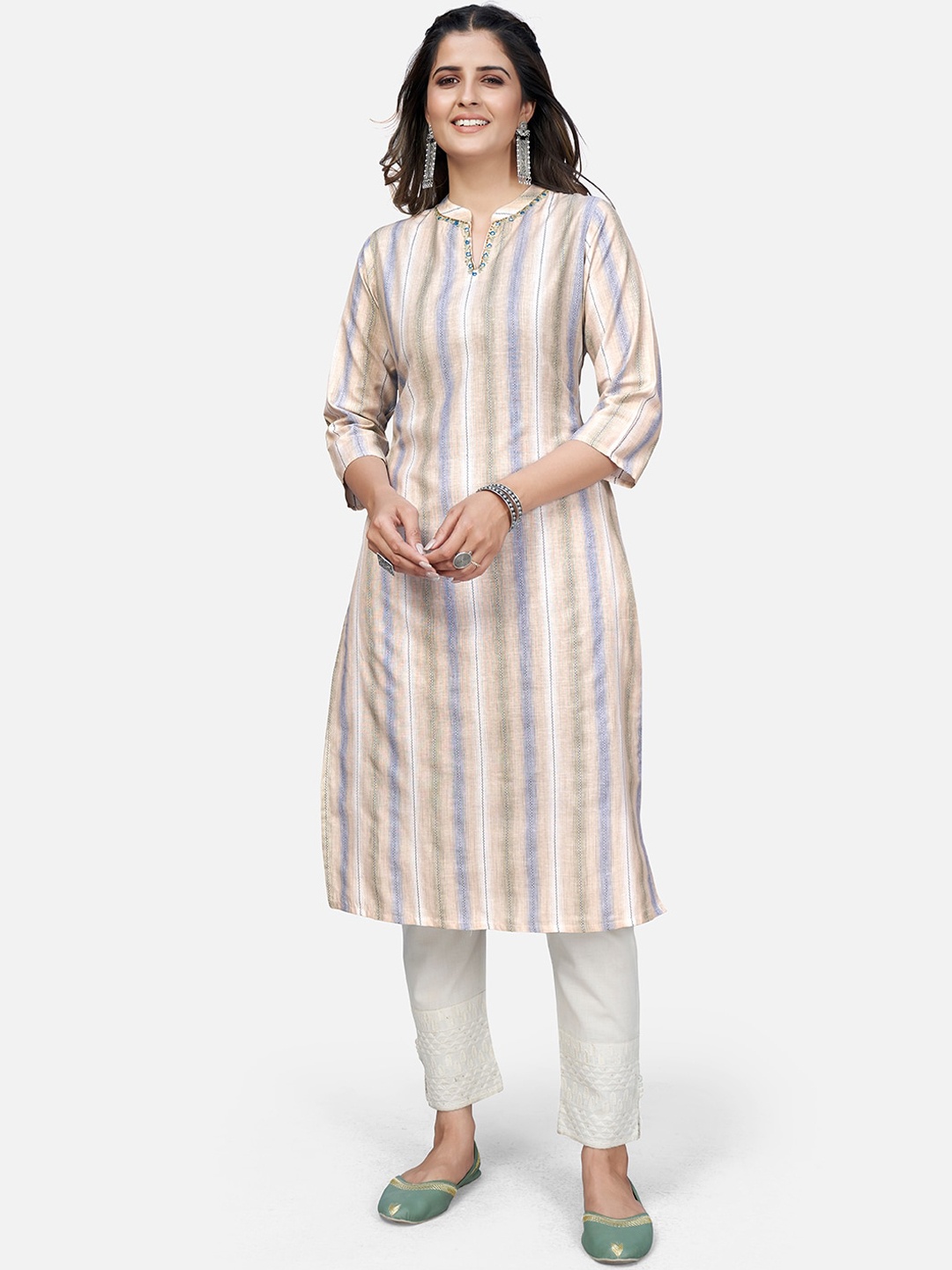 

Vbuyz Women Green Blue Striped Mandarin collar Thread Work Kurta