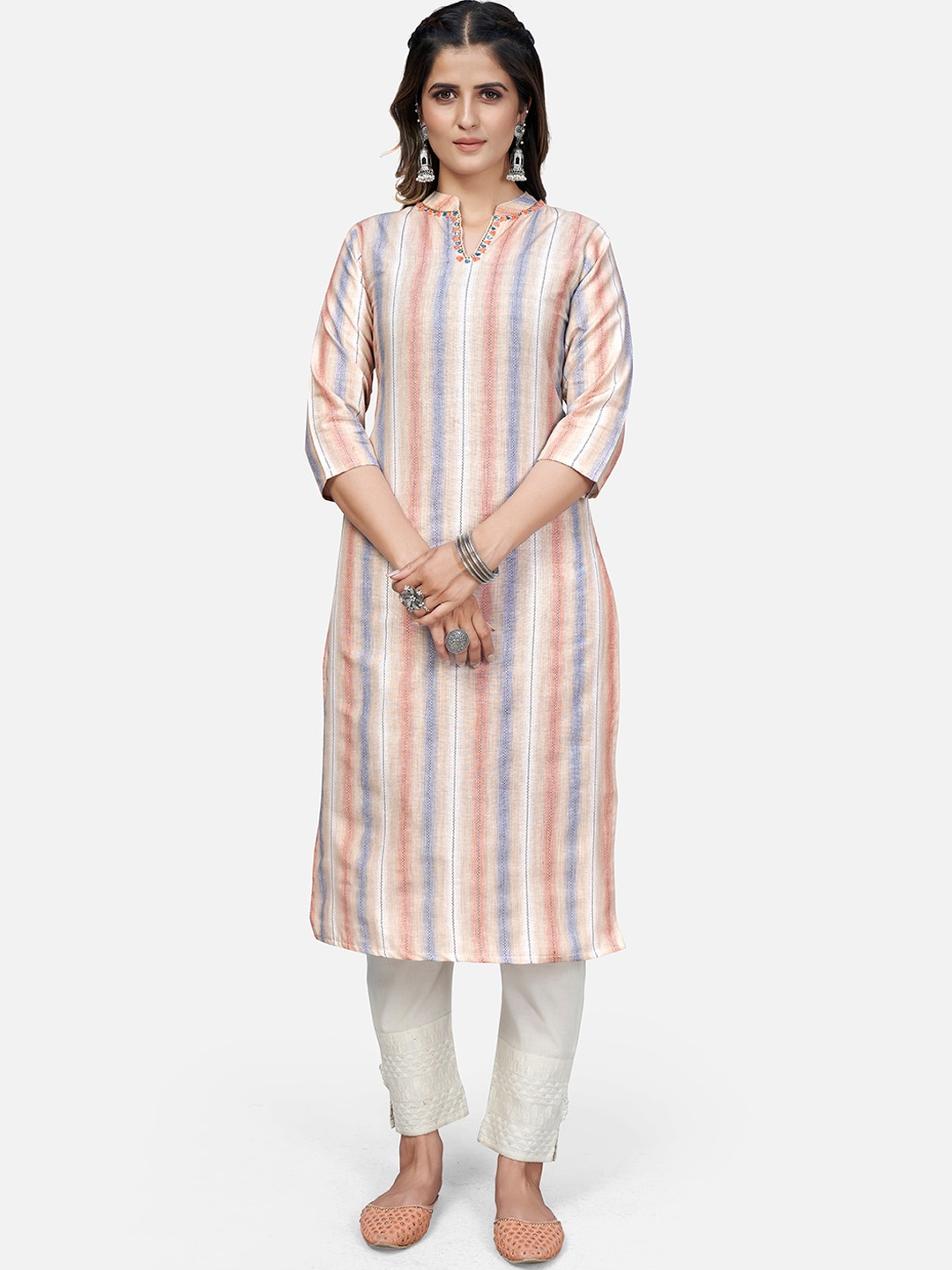 

Vbuyz Women Peach-Coloured Striped Keyhole Neck Kurta