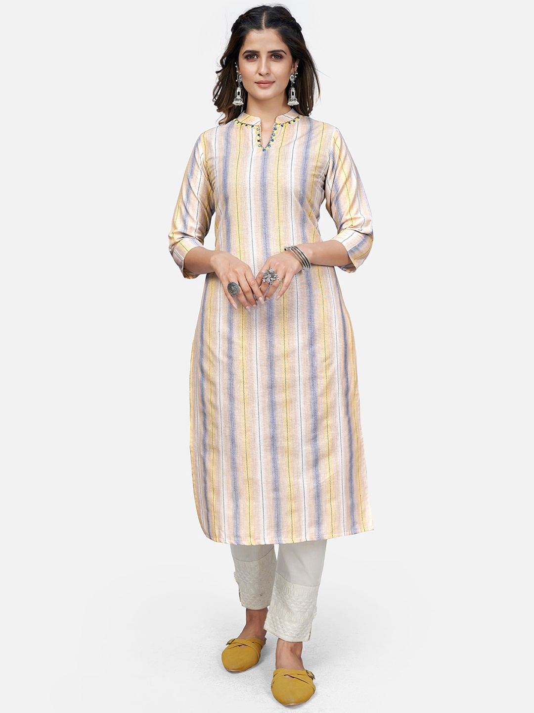 

Vbuyz Women Yellow Striped Thread Work Kurta